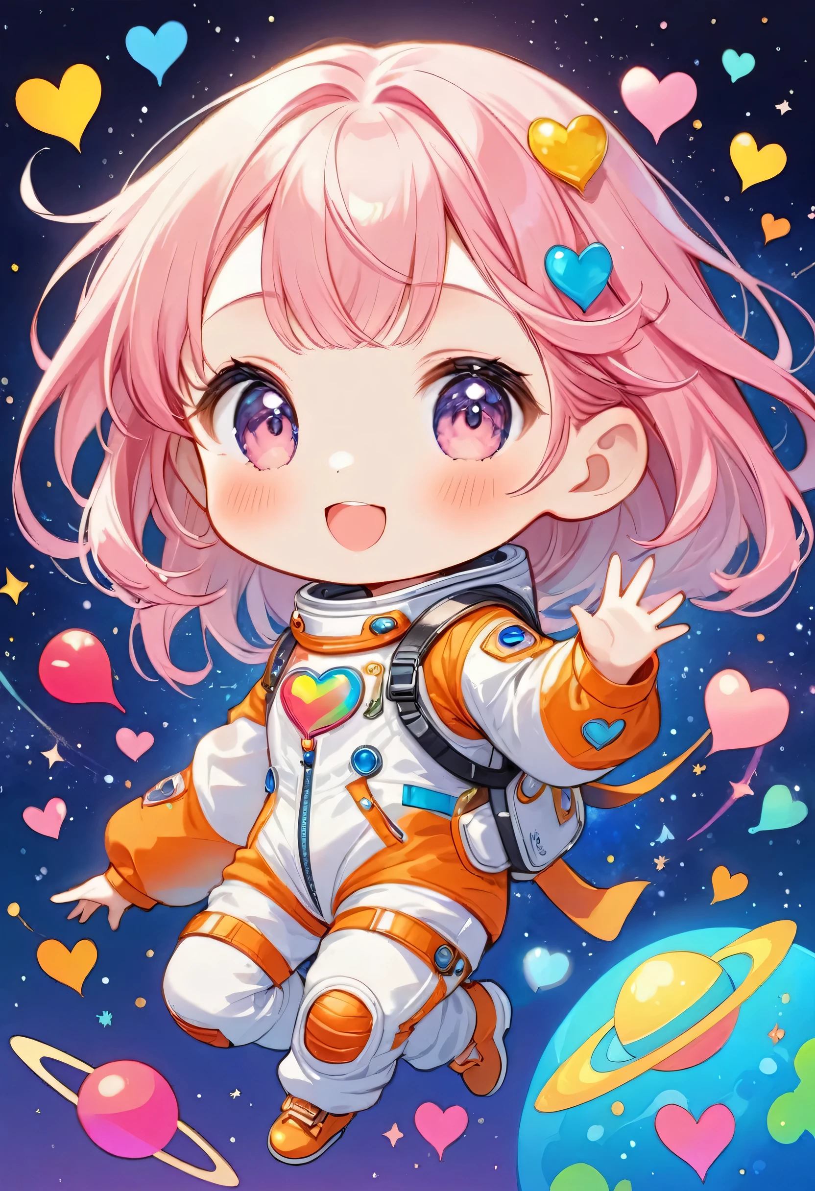 Momoko Sakura colorfull style, Simple Line Initialism，Abstract art，(((The most beautiful girl of all time))), (((chibi))), Sweet face. colorful hearts, funny design, (((happy dance))), Spacesuit, (((Cute Aliens))), The background is space