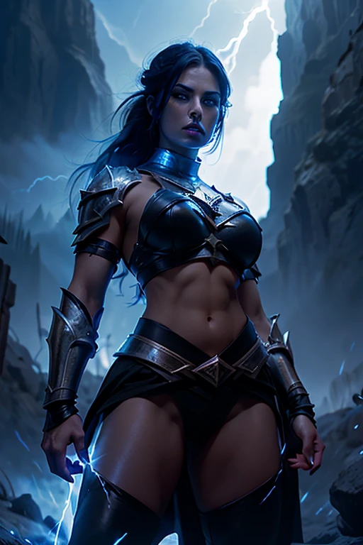 pornstar, evil beautiful and muscular, Nordic female, towering storm Giantess with blue black hair in a ponytail, older and mature woman, throwing a lightning ball, glowing tattoos, wearing steel runic plate mail Armor , temple cave background with lightning storm, glowing blue eyes, square jaw, powerful and imposing, winter clothing , bodybuilder