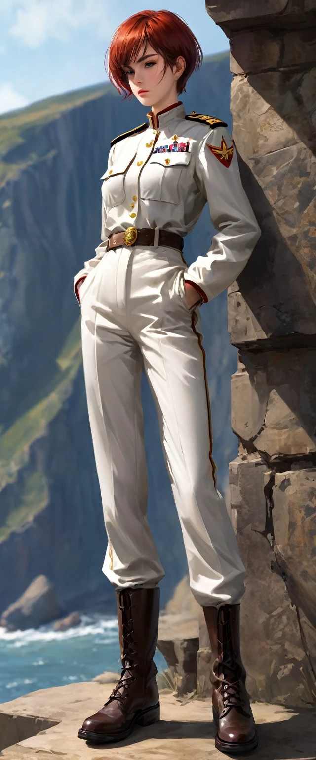 (Maximum resolution, Clearly_image) Excellent, masterpiece, High Detail, Semi-realistic,Intergalactic cowboy, a very beautiful woman, solitary, Normal handsome posture, Red short hair, Golden Eyes, Indifferent expression, 18 years old, young, tall and big , white and red military uniform, Pants, Military Pants, Military boots, military uniform, Military Academy, confident, Serious, Cold and arrogant, Standing on the cliff, Overlooking