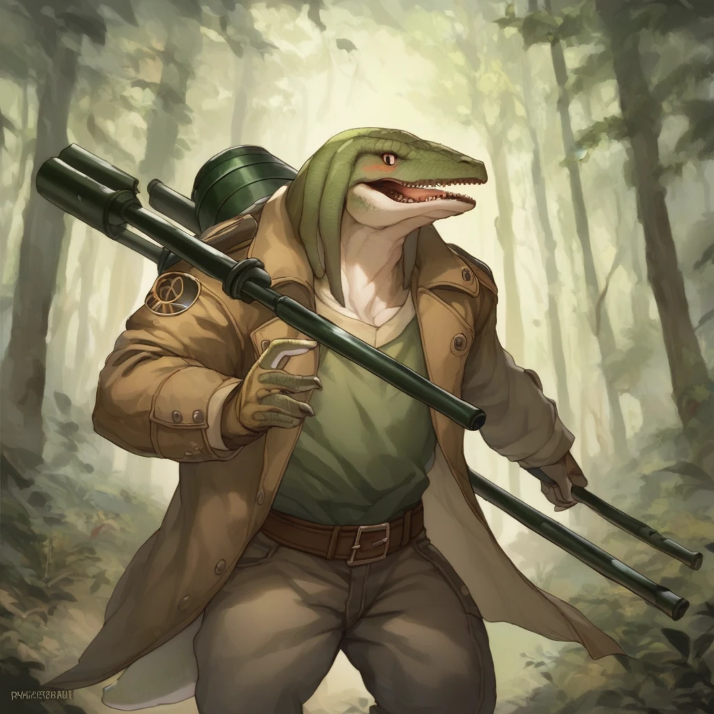 score_9, score_8_up, score_7_up, score_6_up, score_5_up, score_4_up, A solo muscular Bangaa gunner with bronze scaly skin and sharp teeth, dressed in green leather clothes wearing a brown leather coat above it all, is wielding a hand cannon. He is in a forest, looking warmly at the viewer. he's lending a hand on a welcoming matter.