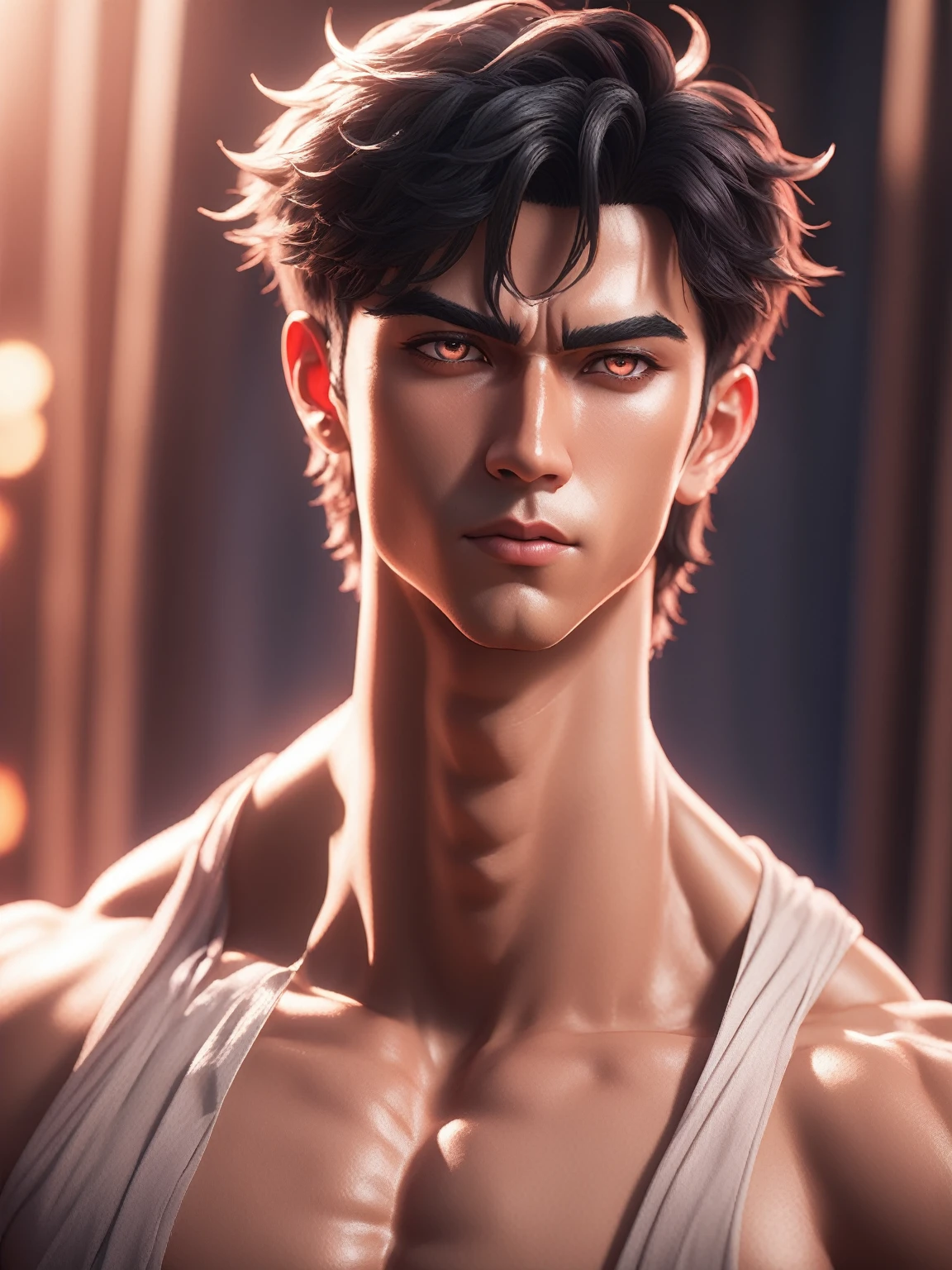 a sexy anime boy, nude, detailed face, beautiful eyes, luscious lips, sharp jawline, muscular body, smooth skin, intricate details, photorealistic, 8k, ultra-detailed, cinematic lighting, dramatic colors, vibrant, fantasy art style