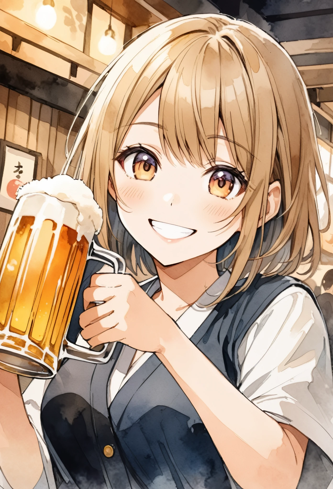 A female college student smiling at you while holding a beer mug in one hand, shoving the beer mug towards you, Izakaya, watercolor style, anime style illustration