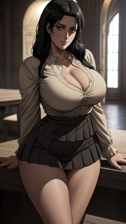Carla Yeager(Attack on Titan), (8K, highest quality, table top:1.4), (intricate details:1.3), (realistic), (super detailed), 1 girl, alone, (married woman、40 generations)、Beautiful woman、mature woman, Carla Yeager(Attack on Titan), (Sensual smile:1.35), Front view, (leaning forward:1.2), show cleavage, looking at the viewer, tropical resort, detailed long hair, (fluffy long black hair), fine eyes,, hourglass body shape, (Sensual curvy body:1.1), (huge breasts), thick thighs, wide hips, small waist、( uniform),(sexy sailor suit ),(pleated mini skirt)、realistic lighting, natural soft light, dynamic lighting