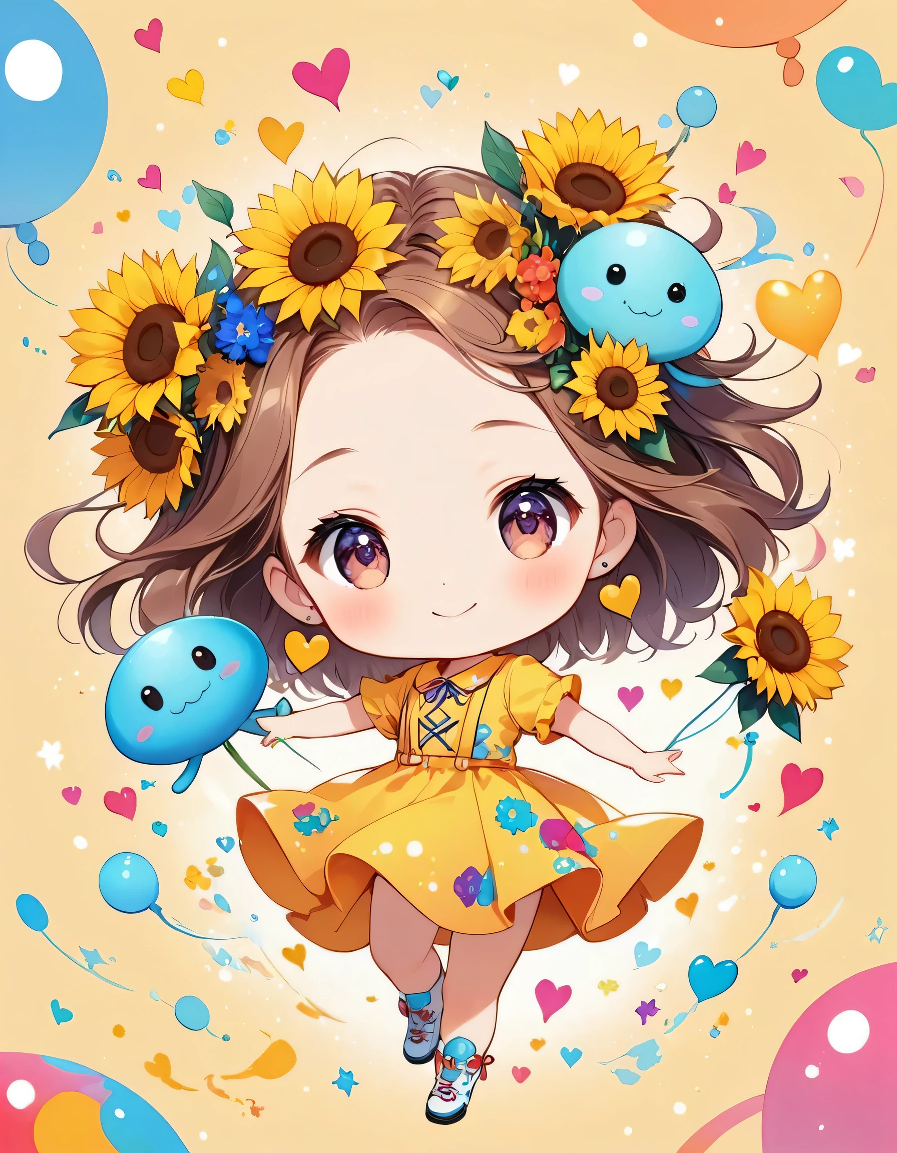 Momoko Sakura colorfull style, Simple Line Initialism，Abstract art，(((The most beautiful girl of all time))), (((chibi))), Sweet face. colorful hearts, funny design, (((happy dance))),  (((Cute Aliens))), sunflowers