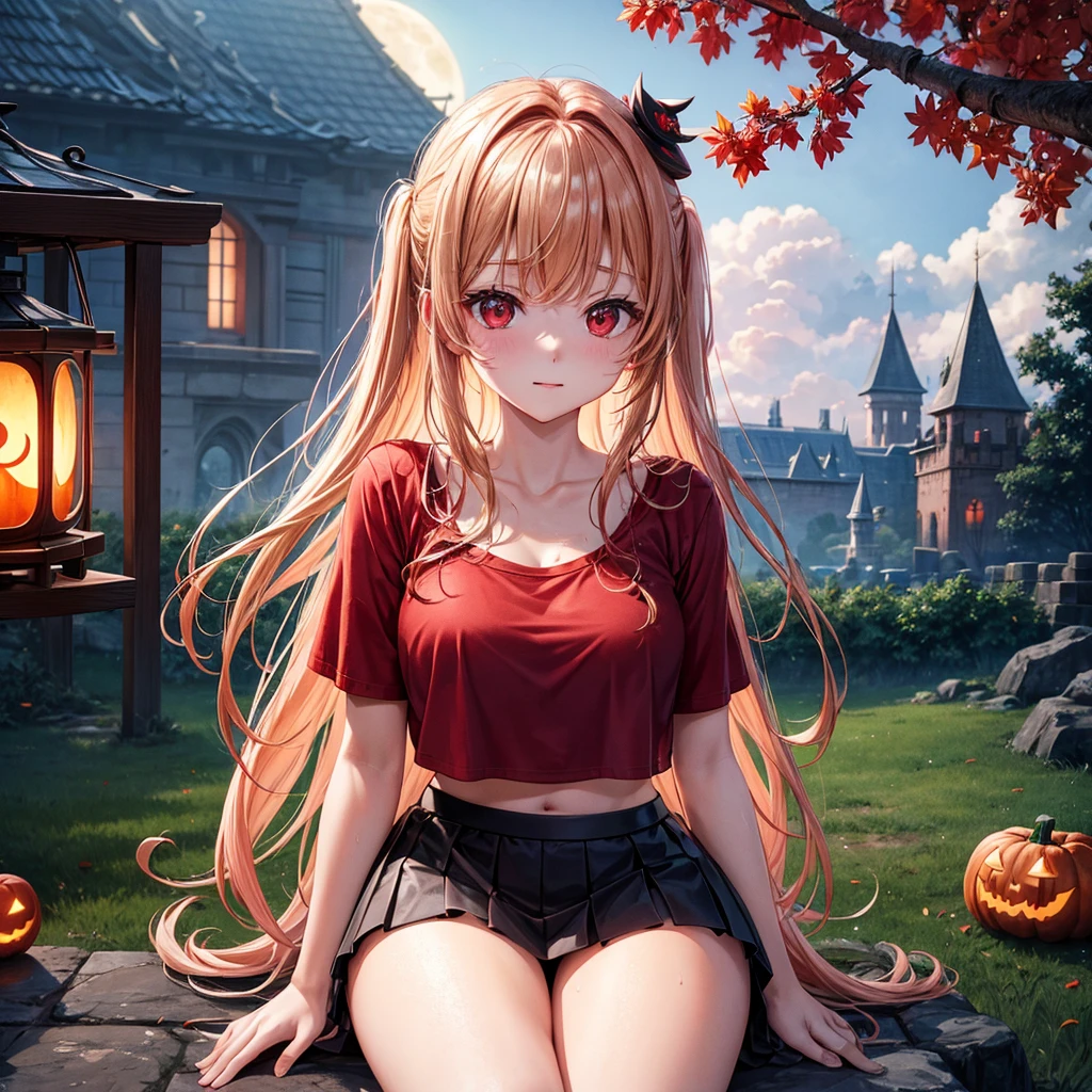 Red-blonde、Red eyes、One cute girl、solo、And soul、Light clothing、Checked mini skirt、petal、Wet hair、Sit on、black t-shirts、large tree、cloud、full moon、monster castle、Lantern in the shape of a pumpkin、Hell&#39;s Gate、Craft Gatekeeper、barefoot、Stones are piled up、Teeth are visible、Secret Treasure、Wooden chair、Moss grows、Fortress City、water is gushing out、Lightning strikes