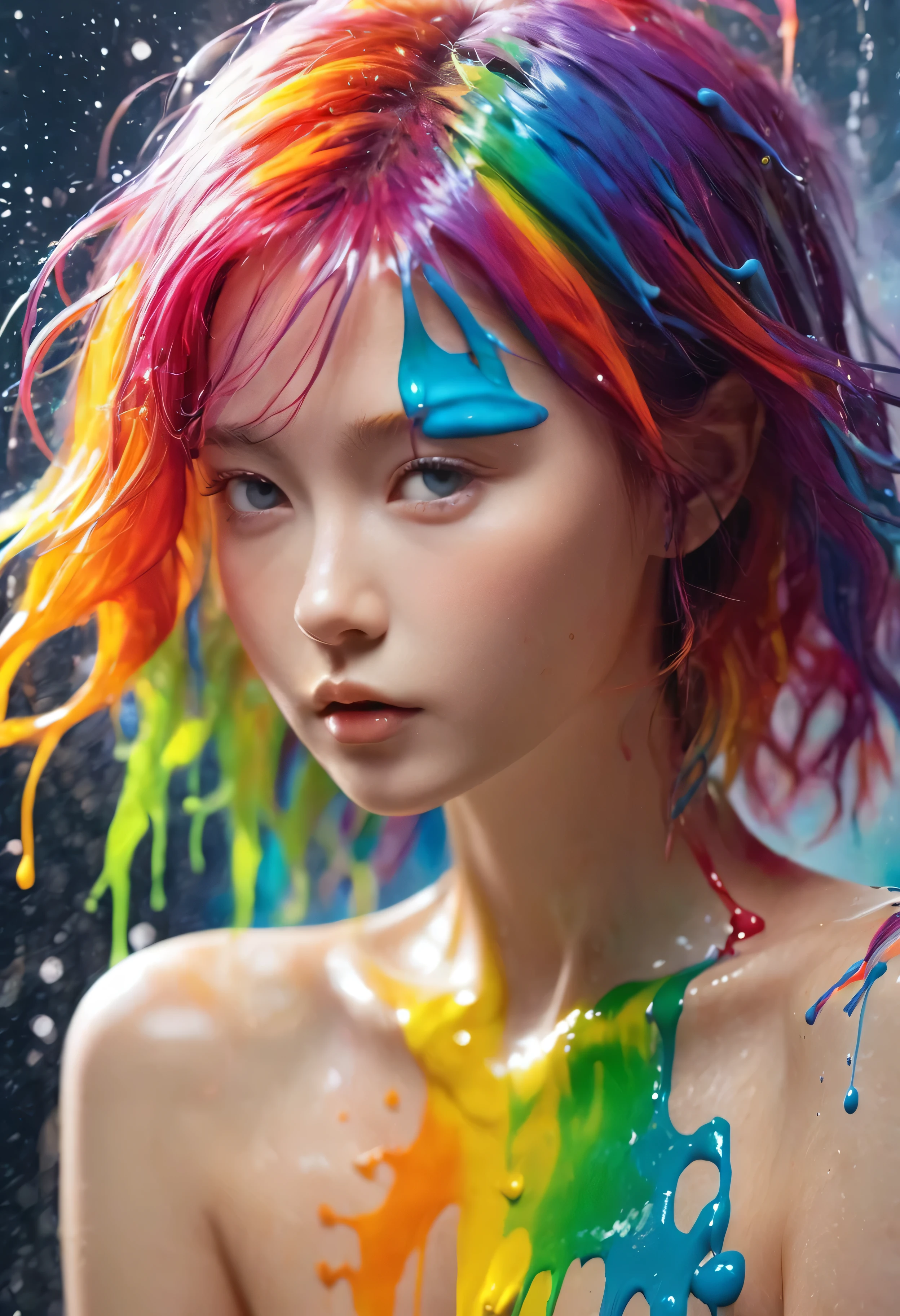 (Level Difference:1.8),(Paints collide and splatter on the canvas),(Depth of written boundary),(Flat Color:1.1,(theme)),1 girl,Poster,, Young face, Embarrassed expression, Short Hair, Medium bust, (She is having liquid dye applied to her naked body with a brush.:1.4), I see many hands holding brushes, (Liquid dye applied to naked skin:1.4), Full body woman love,Strong winds,thick smoke,,(liquid dye for rainbow hair:1.1) Painted,anti-gravity,stringy viscous liquid,(Paint splashes:1.3),liquidity,Stunningly beautiful, masterpiece, Detailed Background,Super high quality model, Fantastic Background,Abstract Beauty, Volume, Painting,Blowing,Romantic lighting,Scattered beneath the surface,Shine,8k,High resolution, wonderful,Ray Tracing,Human Development Report,Divine Light,