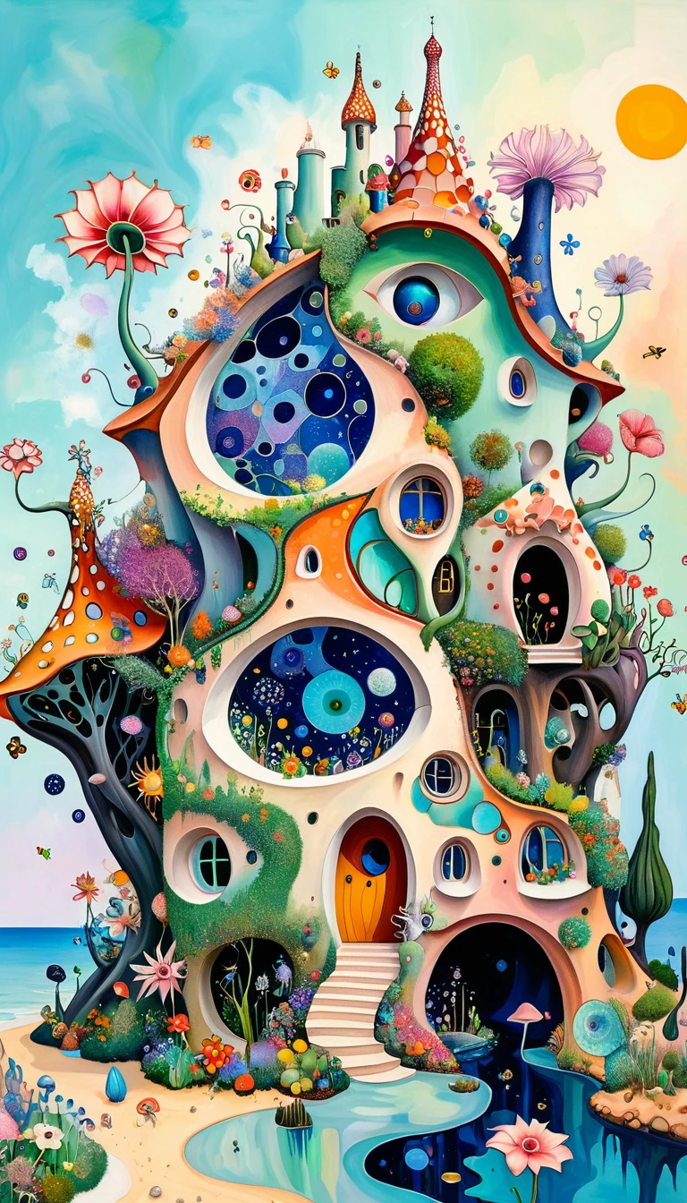 (((Antonio Gaudi,Particle oil painting,Strong visual fusion of multiple elements))),Broto,microorganism、Plantar、Flower shaped house、Eye、Wildlife life,Sewing Abstract Painting,Describing the inner world of autistic people,Sense of space,Blank space,interesting,Innocence,Psychedelic Art,Elegant pastel color scheme