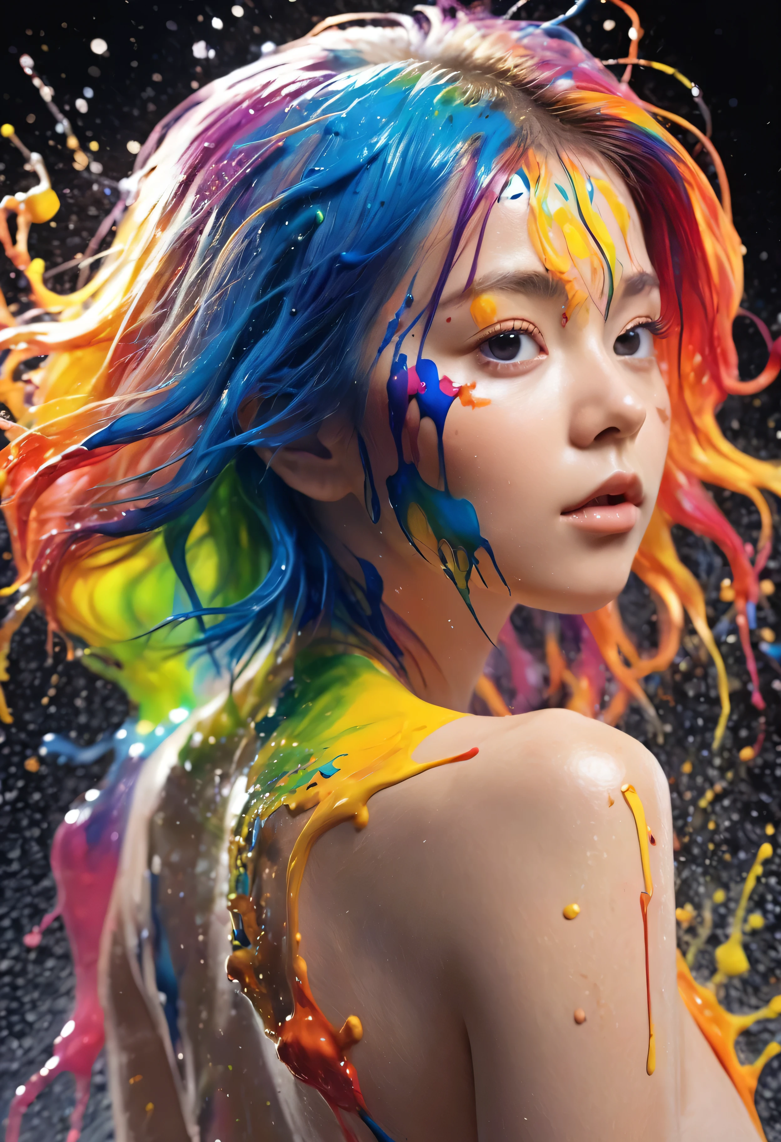 (Level Difference:1.8),(Paints collide and splatter on the canvas),(Depth of written boundary),(Flat Color:1.1,(theme)),1 girl,Poster,, Young face, Embarrassed expression, Short Hair, Medium bust, (She is having liquid dye applied to her naked body with a brush.:1.4), I see many hands holding brushes, (Liquid dye applied to naked skin:1.4), Full body woman love,Strong winds,thick smoke,,(liquid dye for rainbow hair:1.1) Painted,anti-gravity,stringy viscous liquid,(Paint splashes:1.3),liquidity,Stunningly beautiful, masterpiece, Detailed Background,Super high quality model, Fantastic Background,Abstract Beauty, Volume, Painting,Blowing,Romantic lighting,Scattered beneath the surface,Shine,8k,High resolution, wonderful,Ray Tracing,Human Development Report,Divine Light,
