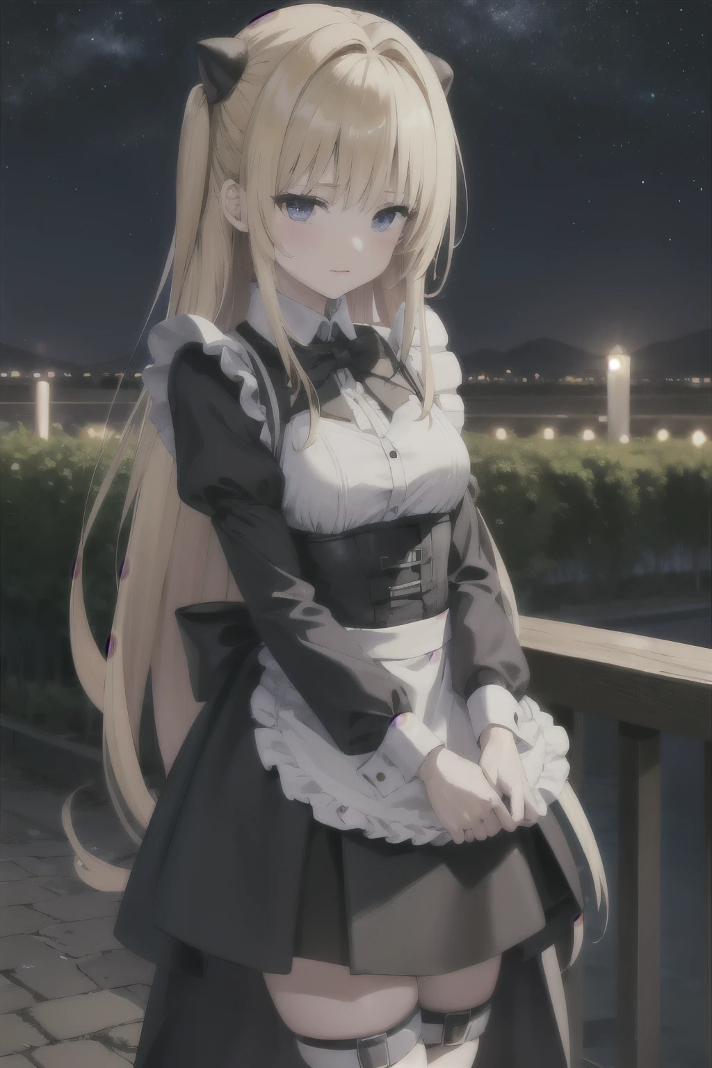 beautiful long blonde Girl dressed as a black maid long sleeve shyness to milk garden at night