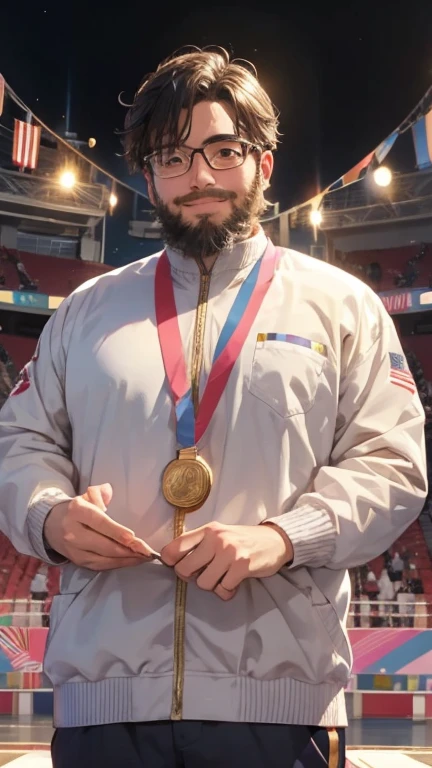 male, alone, ((Yossan)), beard, Glasses, Are fat, (Gold Medalist), (Podium), Medalsをかむ, (Medals), audience, 大きいMedals, Spotlight, smile, A moving moment, Flag on background, Olympic logo on background
