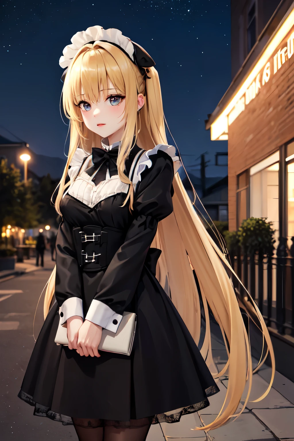 beautiful long blonde Girl dressed as a black maid long sleeve shyness to milk garden at night