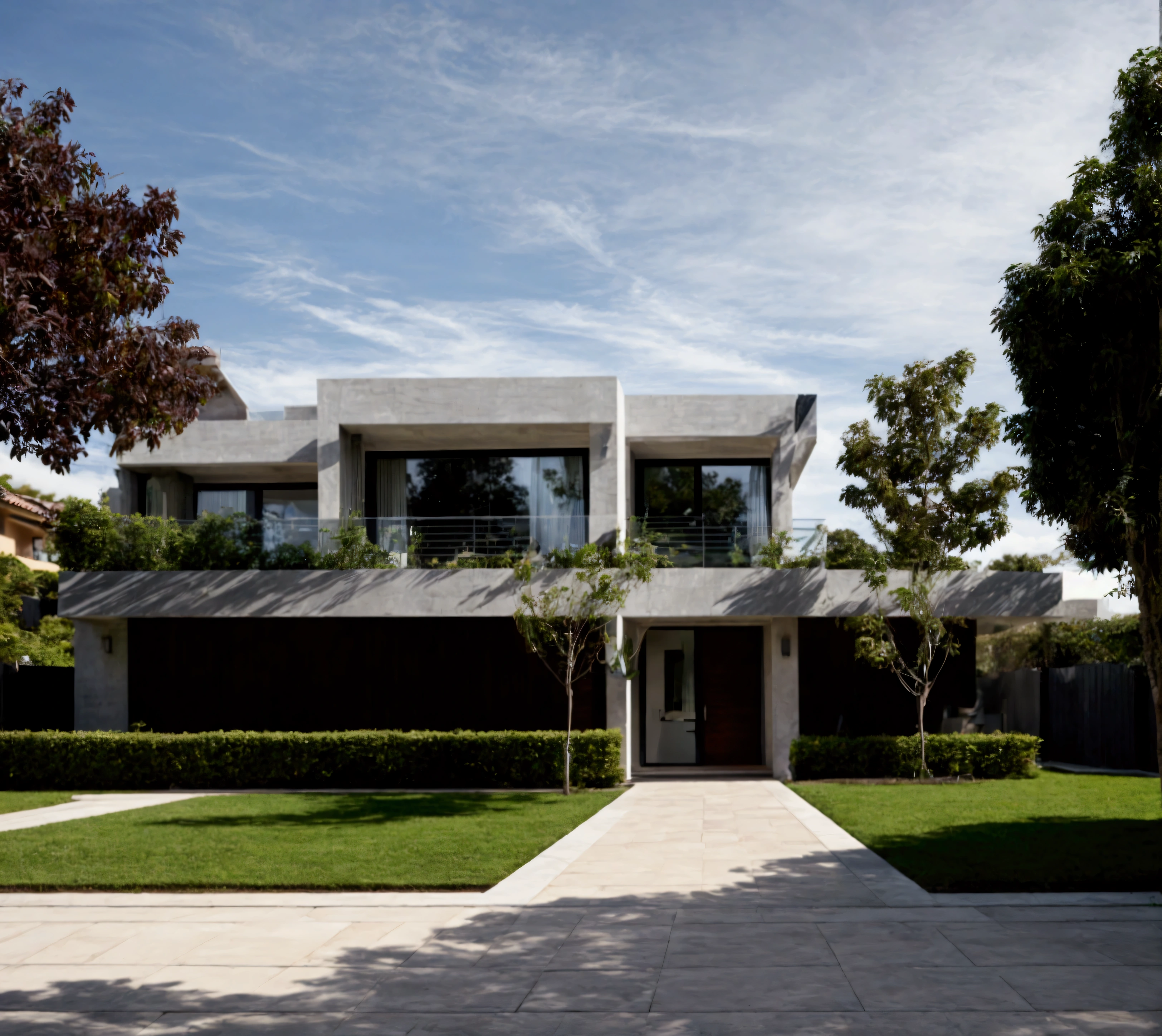 CRU photo,work of art, high qualiy, best qualityer, authentic, super detaill, plein-air, (((front-facing))), villa seen from the front, vista front-facing, single storey villaXL, aiai group, modern house style on the street, front house, visão front-facing, entrada com gramdo, elegant and minimalist facade, pavement, gram, Trees, sky, nube, (Day Light:1.1)