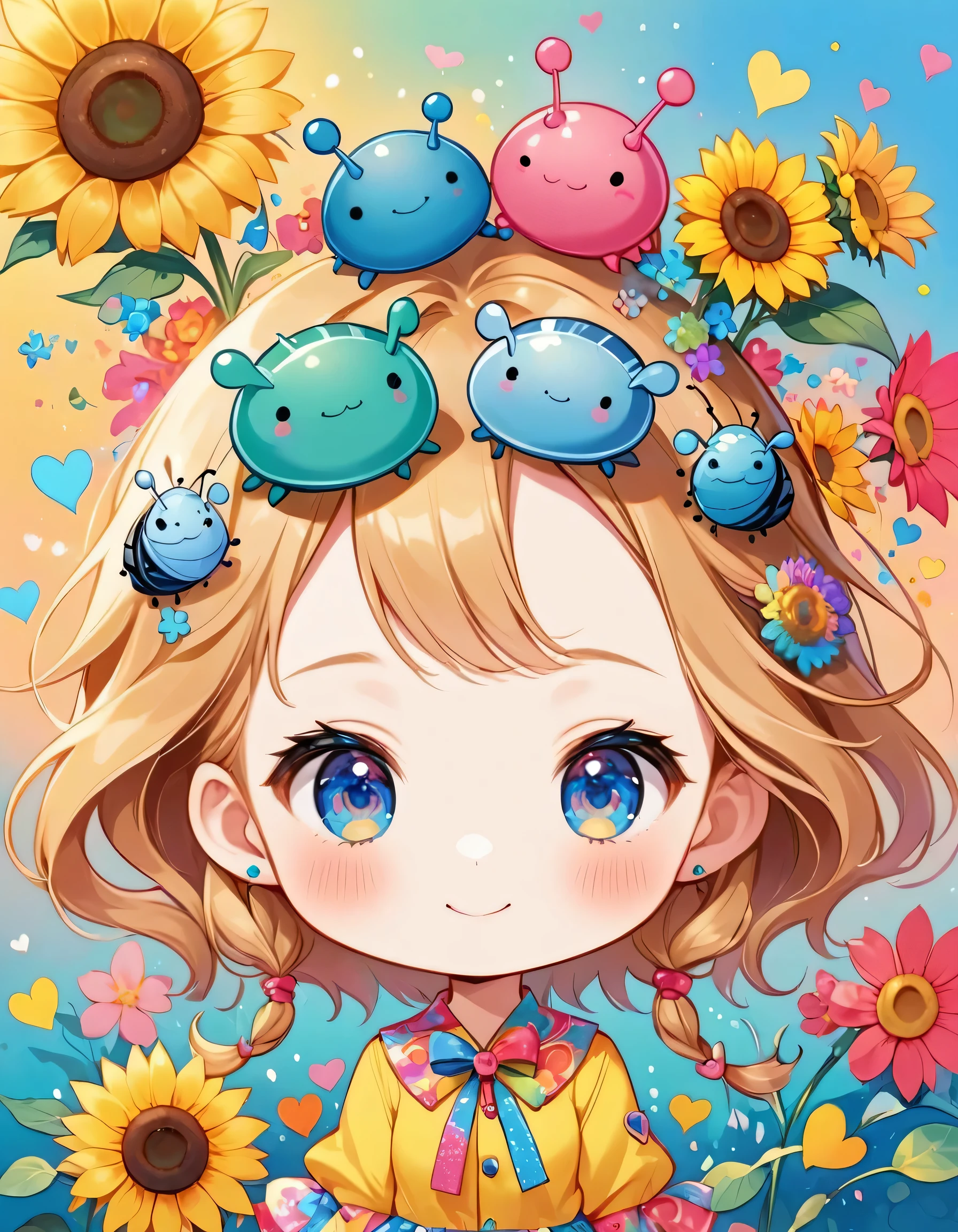 Momoko Sakura colorfull style, Simple Line Initialism，Abstract art，(((The most beautiful girl of all time))), (((chibi))), Sweet face. colorful hearts, funny design, (((happy dance))), (((Cute pillbug))), sunflower