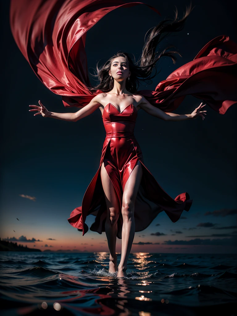 photo high drtailed, night,very dark, levitation over water in the ocean, reflections in the water, raising both arms, bare shoulders, black and red dress in the wind, full body shot, eyeshadow, long eyelashes, mascara, eyeliner