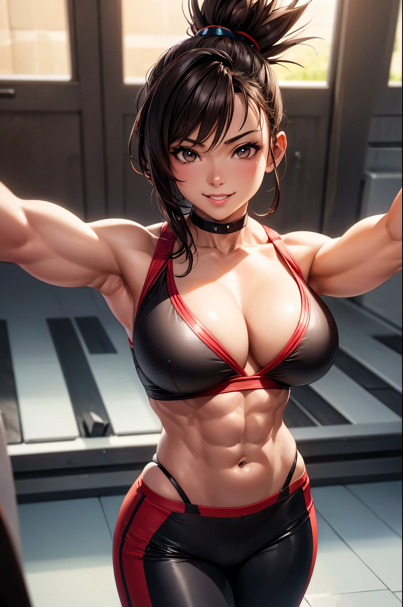 8k,Light brown mohawk hair,胸の大きなso beautifulなオランダ人の女性, Big and ample breasts,Big smile,so beautiful(Like the real thing)Black and red sporty outfit,Black and red sporty pants,　sexy,deviantart artstation cgscosiety, 3DレンダリングCharacter Art, Trending on Artstation 8k, Trending on artstation hd, Adventure Hyper Real Rendering, Perfect body with realistic shading, Photorealistic perfect body, Ultra-high resolution,Ultra-high resolution,Surreal,Fantasy art,Character Art,high quality,sexy,Strongly defined abdominal muscles,Muscular and slim body,Muscular and lean lower body,Rich colors, Backlight, Cinema Lighting, Film Grain, to be born, 50mm lens, Nikon D850,compensate,View your viewers,Lean and muscular lower body,Muscular Beauty,Bodybuilder,Makeup,Big smile,Uplifting,Top-down view,push ups,