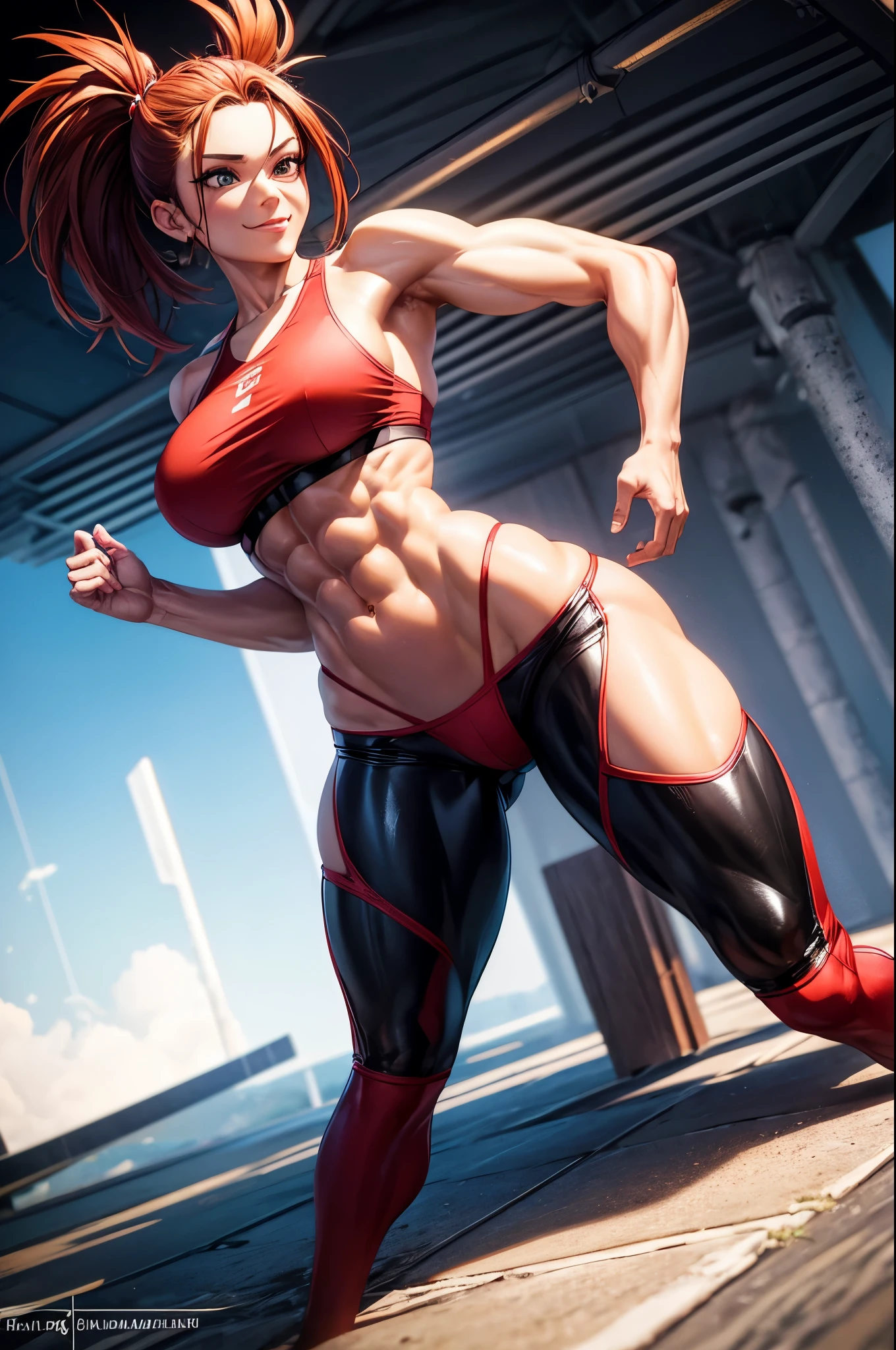 8k,Light brown mohawk hair,胸の大きなso beautifulなオランダ人の女性, Big and ample breasts,Big smile,so beautiful(Like the real thing)Black and red sporty outfit,Black and red sporty pants,　sexy,deviantart artstation cgscosiety, 3DレンダリングCharacter Art, Trending on Artstation 8k, Trending on artstation hd, Adventure Hyper Real Rendering, Perfect body with realistic shading, Photorealistic perfect body, Ultra-high resolution,Ultra-high resolution,Surreal,Fantasy art,Character Art,high quality,sexy,Strongly defined abdominal muscles,Muscular and slim body,Muscular and lean lower body,Rich colors, Backlight, Cinema Lighting, Film Grain, to be born, 50mm lens, Nikon D850,compensate,View your viewers,Lean and muscular lower body,Muscular Beauty,Bodybuilder,Makeup,Big smile,Uplifting,Top-down view,push ups,