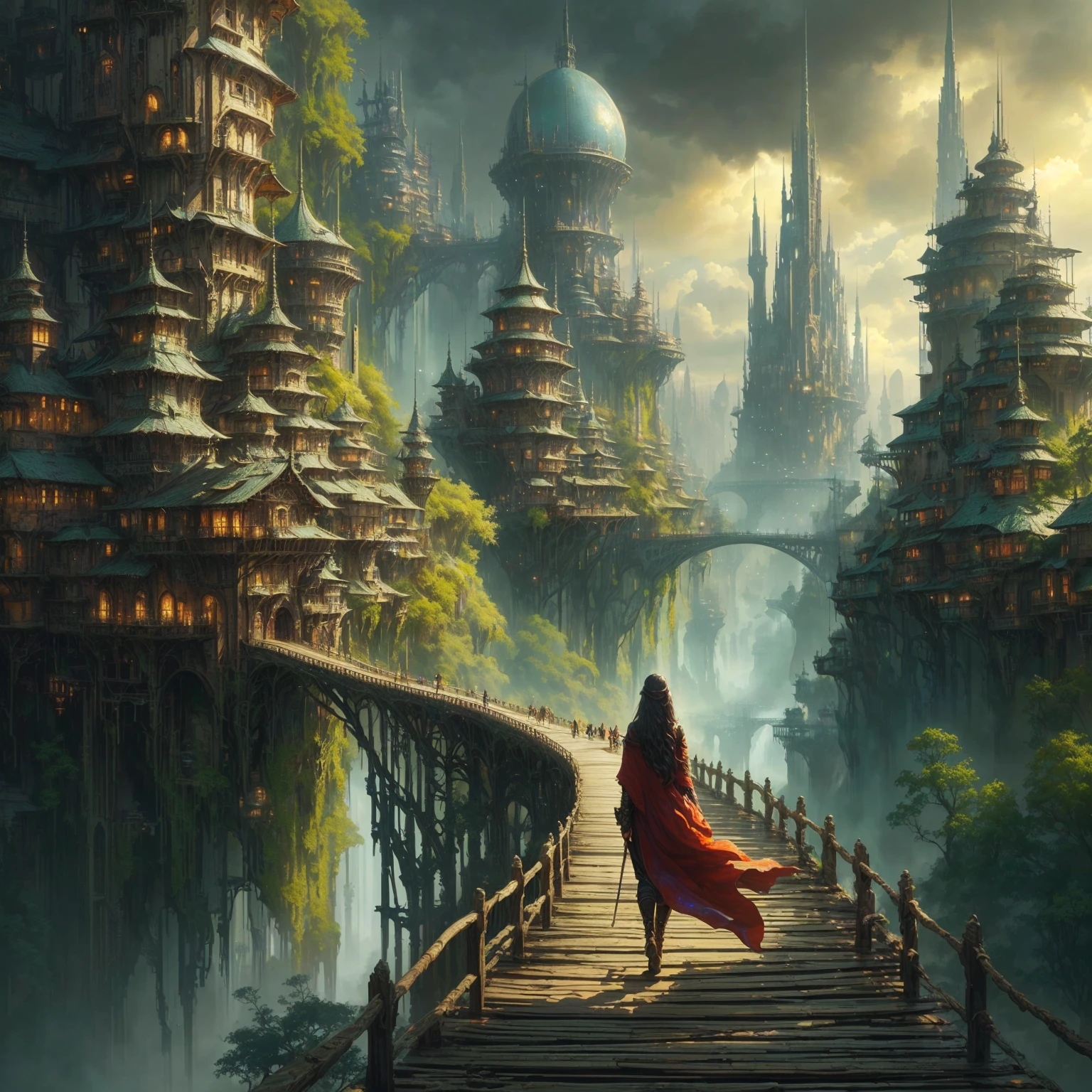 a woman walking on a bridge over a river towards a city, symmetrical epic fantasy art, wide angle fantasy art, 4k fantasy art, breathtaking fantasy art, detailed fantasy digital art, sci-fi fantasy wallpaper, highly detailed fantasy art, marc _ simonetti, in front of a fantasy city, inspired by Marc Simonetti, hd fantasy art