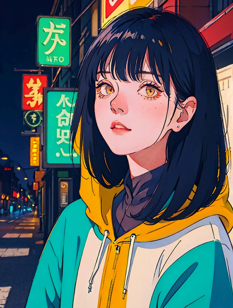 , 1 girl, solo, hood, orange blue hoodie, blurry, long hair,face upward,upper body,signboard,close up,colorful hair, colorful street scenes, crimson and amber, NeonNoir, soft lighting, night, nighttime, realistic, blue lighting, yellow lighting, hard shadow, masterpiece, best quality, Intricate,modelshoot style, vintage, film grain, Incomplete details