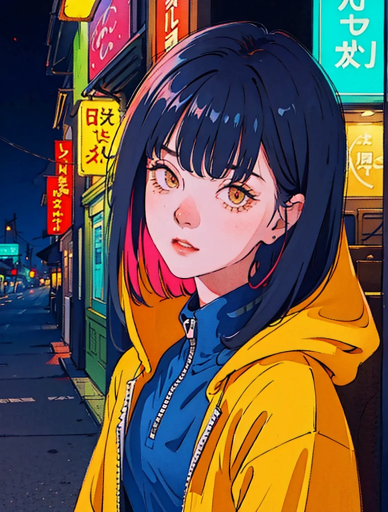 , 1 girl, solo, hood, orange blue hoodie, blurry, long hair,face upward,upper body,signboard,close up,colorful hair, colorful street scenes, crimson and amber, NeonNoir, soft lighting, night, nighttime, realistic, blue lighting, yellow lighting, hard shadow, masterpiece, best quality, Intricate,modelshoot style, vintage, film grain, Incomplete details