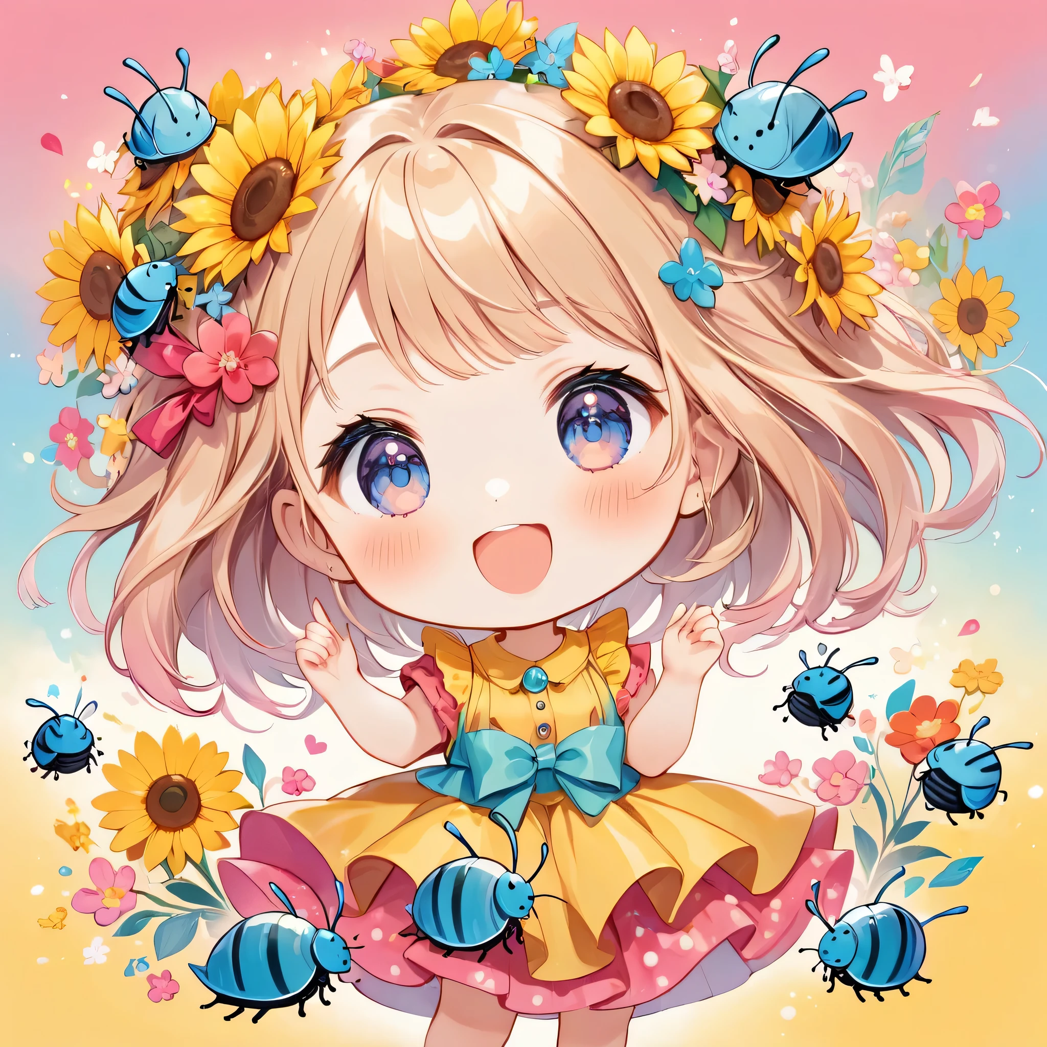 Momoko Sakura colorfull style, Simple Line Initialism,Abstract art,(((The most beautiful girl of all time))), (((chibi))), colorful hearts, funny design, (((happy dance))), (((Cute pillbug))), sunflower