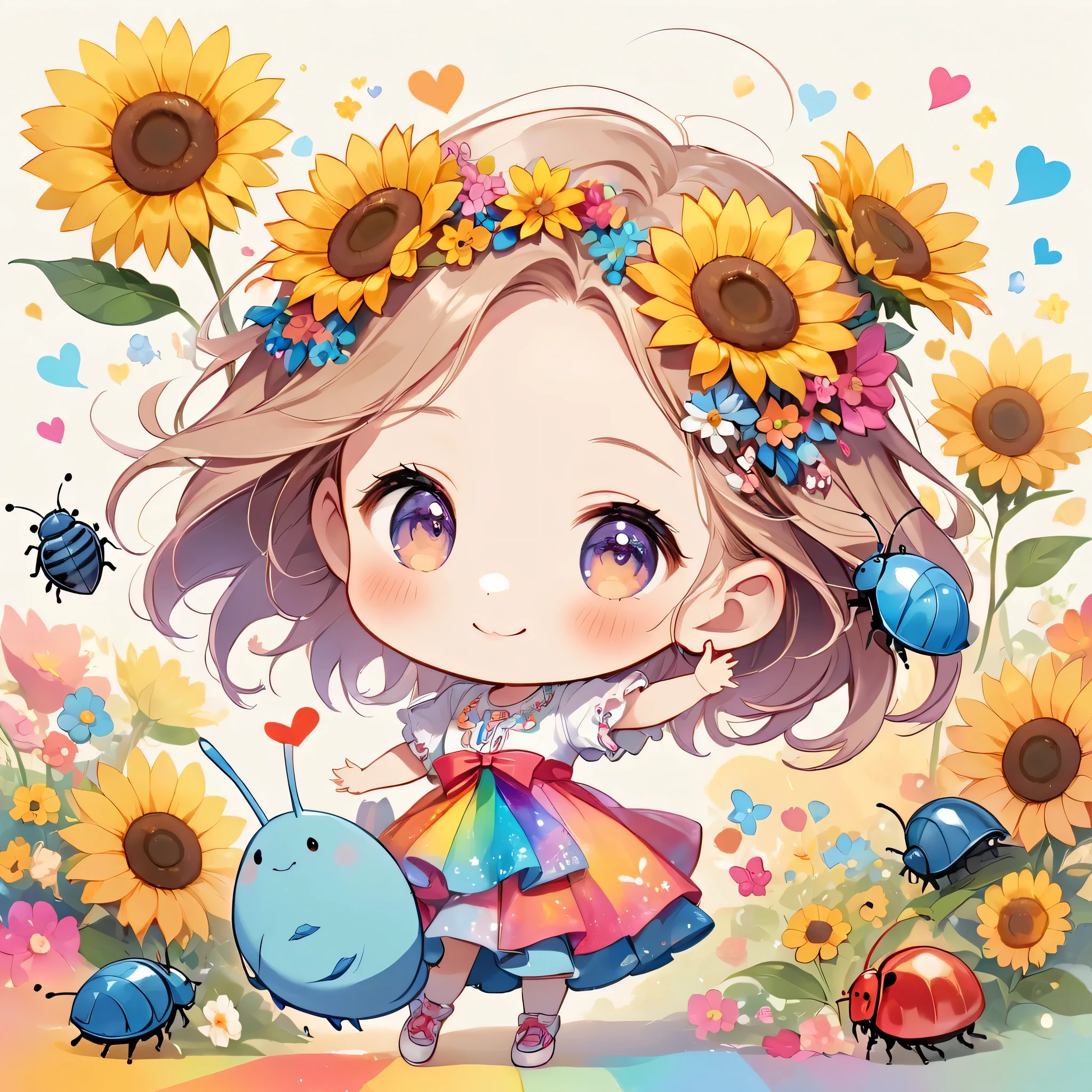 Momoko Sakura colorfull style, Simple Line Initialism,Abstract art,(((The most beautiful girl of all time))), (((chibi))), colorful hearts, funny design, (((happy dance))), (((Cute pillbug))), sunflower