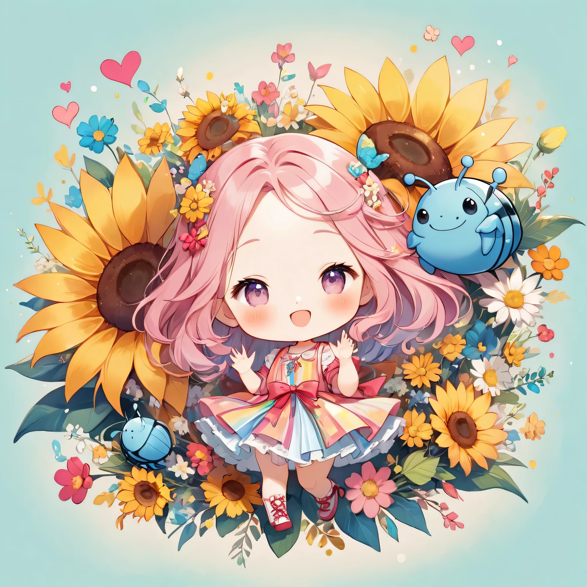 Momoko Sakura colorfull style, Simple Line Initialism,Abstract art,(((The most beautiful girl of all time))), (((chibi))), colorful hearts, funny design, (((happy dance))), (((Cute pillbug))), sunflower