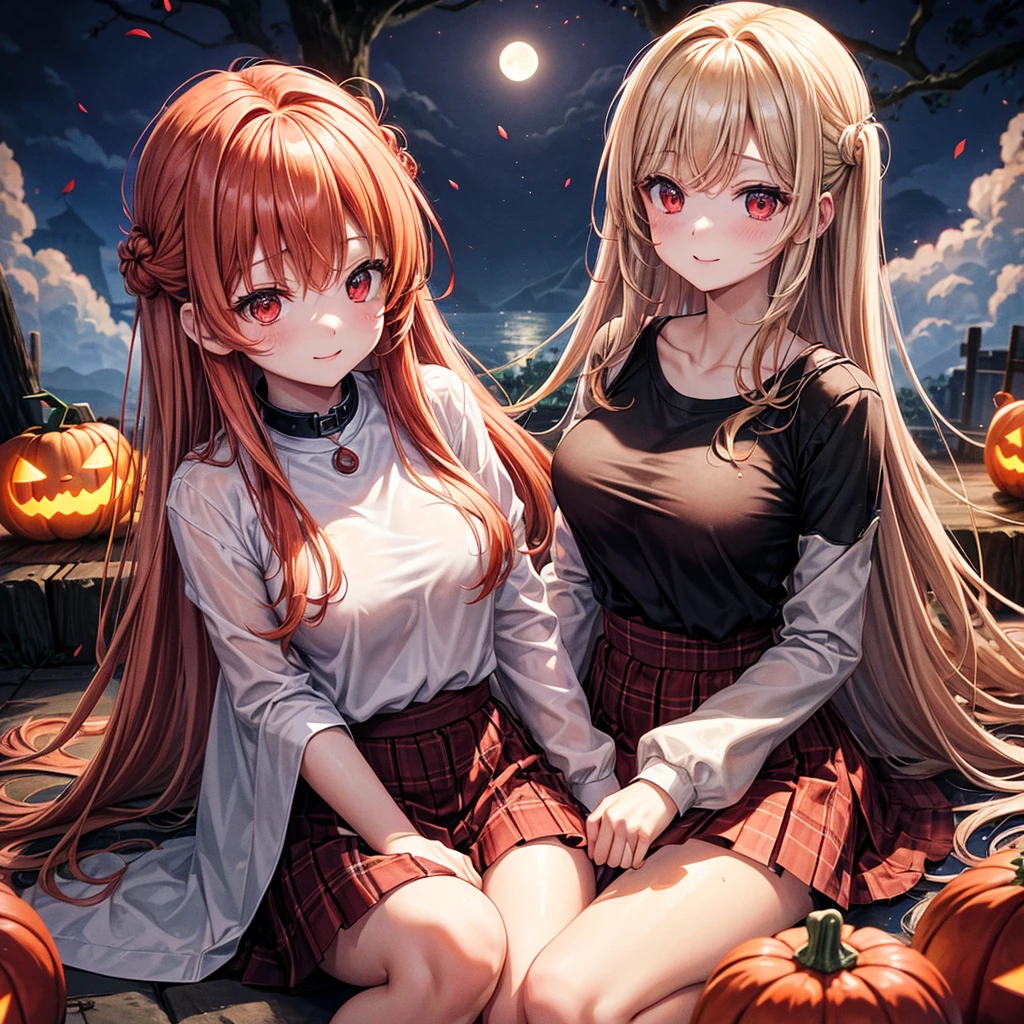 Red-blonde、Red eyes、One cute girl、solo、And soul、Light clothing、Checked mini skirt、petal、Wet hair、Sit on、black t-shirts、large tree、cloud、full moon、monster castle、Lantern in the shape of a pumpkin、Hell&#39;s Gate、Craft Gatekeeper、barefoot、Stones are piled up、Teeth are visible、Secret Treasure、Wooden chair、Moss grows、Fortress City、water is gushing out、Lightning strikes、Tilting face