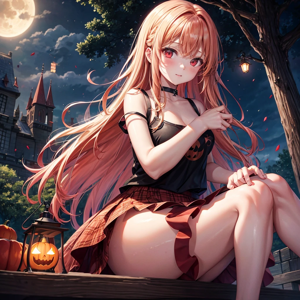 Red-blonde、Red eyes、One cute girl、solo、And soul、Light clothing、Checked mini skirt、petal、Wet hair、Sit on、black t-shirts、large tree、cloud、full moon、monster castle、Lantern in the shape of a pumpkin、Hell's Gate、Craft Gatekeeper、barefoot、Stones are piled up、Teeth are visible、Secret Treasure、Wooden chair、Moss grows、Fortress City、water is gushing out、Lightning strikes、Tilting face