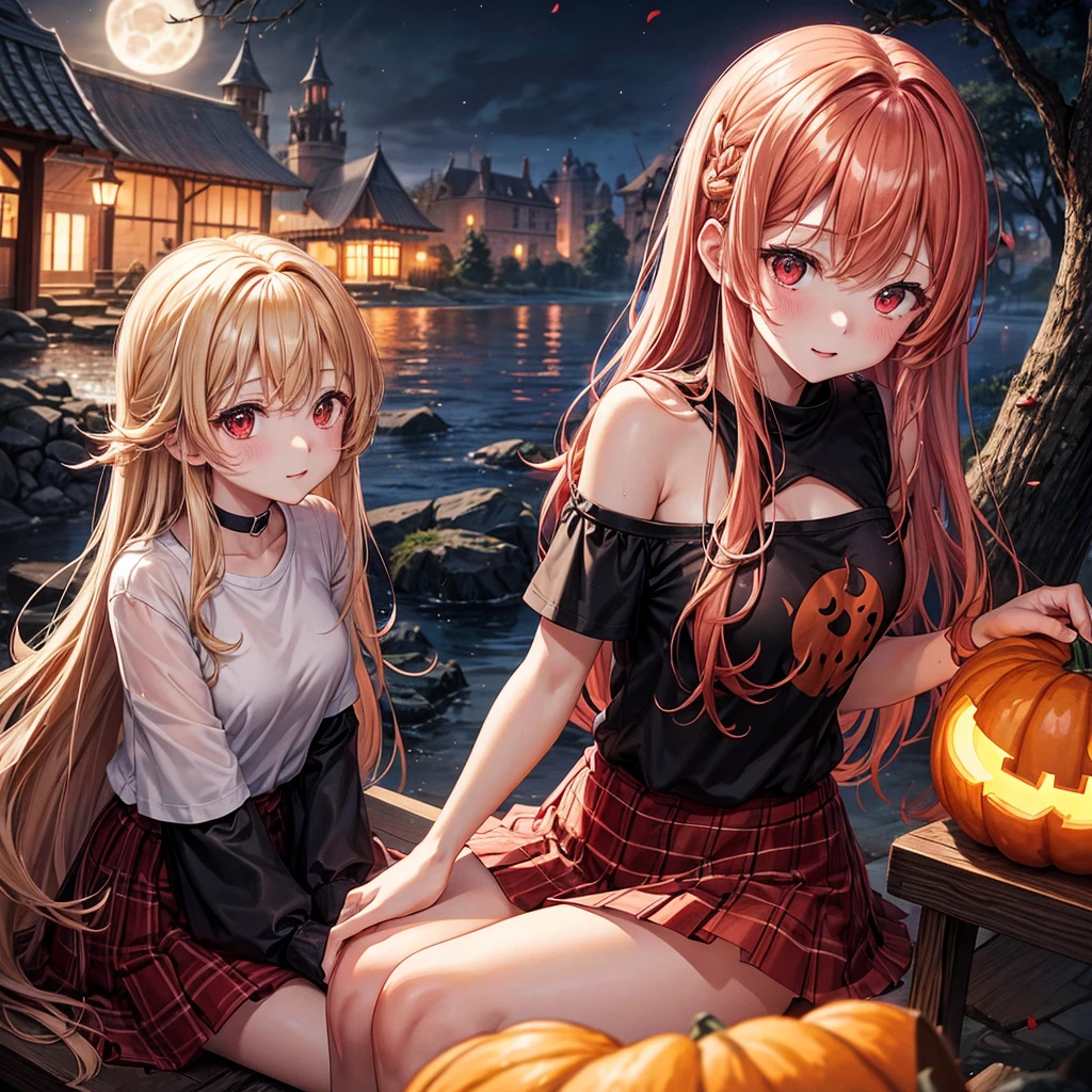 Red-blonde、Red eyes、One cute girl、solo、And soul、Light clothing、Checked mini skirt、petal、Wet hair、Sit on、black t-shirts、large tree、cloud、full moon、monster castle、Lantern in the shape of a pumpkin、Hell's Gate、Craft Gatekeeper、barefoot、Stones are piled up、Teeth are visible、Secret Treasure、Wooden chair、Moss grows、Fortress City、water is gushing out、Lightning strikes、Tilting face