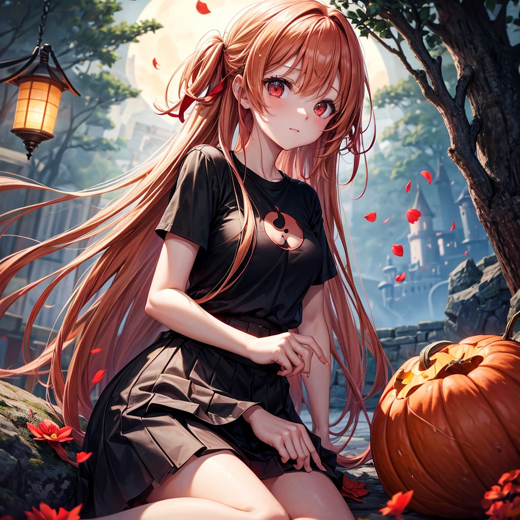 Red-blonde、Red eyes、One cute girl、solo、And soul、Light clothing、Checked mini skirt、petal、Wet hair、Sit on、black t-shirts、large tree、cloud、full moon、monster castle、Lantern in the shape of a pumpkin、Hell's Gate、Craft Gatekeeper、barefoot、Stones are piled up、Teeth are visible、Secret Treasure、Wooden chair、Moss grows、Fortress City、water is gushing out、Lightning strikes、Tilting face
