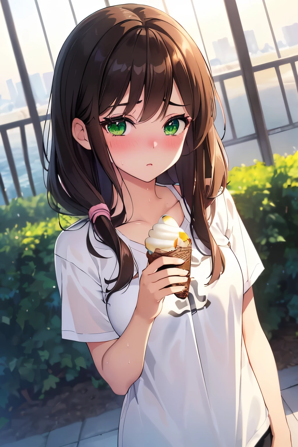 ((masterpiece, Highest quality, High resolution, 超High resolution, Pixel perfect, Written boundary depth, 4K, RTTX 10.0, High resolution))), 1 girl, single, alone, Beautiful Anime Girls, Beautiful art style, Anime characters, ((Shortcuts, bangs, Dark brown hair, Simple hairpin)), ((Green Eyes:1.4, Round eyes, Beautiful eyelashes, current eyes)), ((Detailed face, blush:1.2)), ((Smooth texture:0.75, Anime CG style)), Medium chest, ((Dynamic Angle, throw, close)), Perfect body, White T-shirt, Sweat, hot, Eating ice cream,