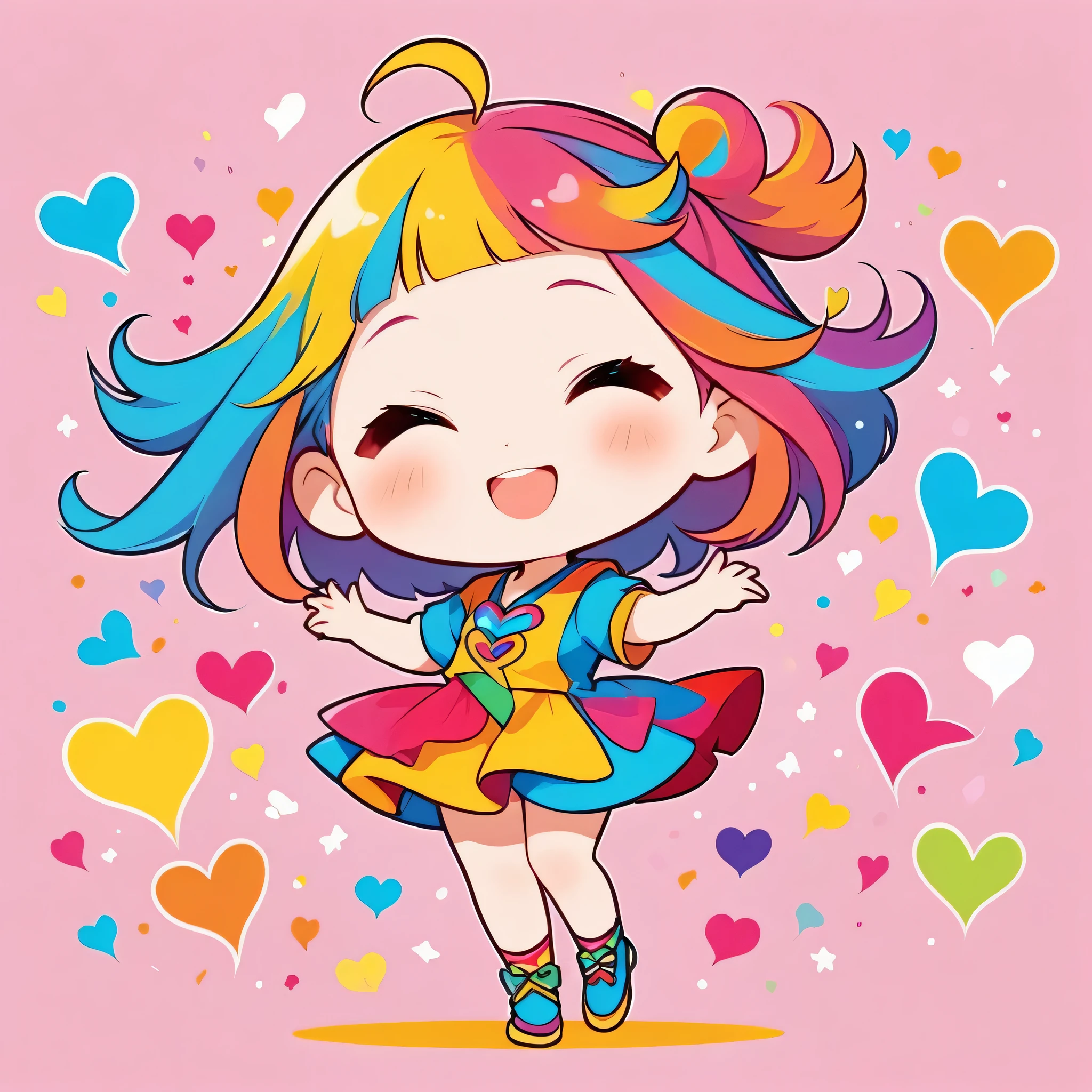 Momoko Sakura colorfull style, Simple Line Initialism，Abstract art，(((The most beautiful girl of all time))), (((chibi))), colorful hearts, funny design, (((happy dance))),