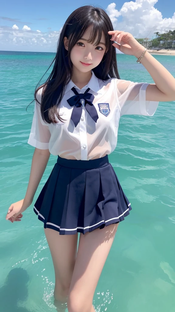 Cute Girls、high school girl、Idol、mini skirt、See-through、Ocean、The uniform becomes wet and transparent