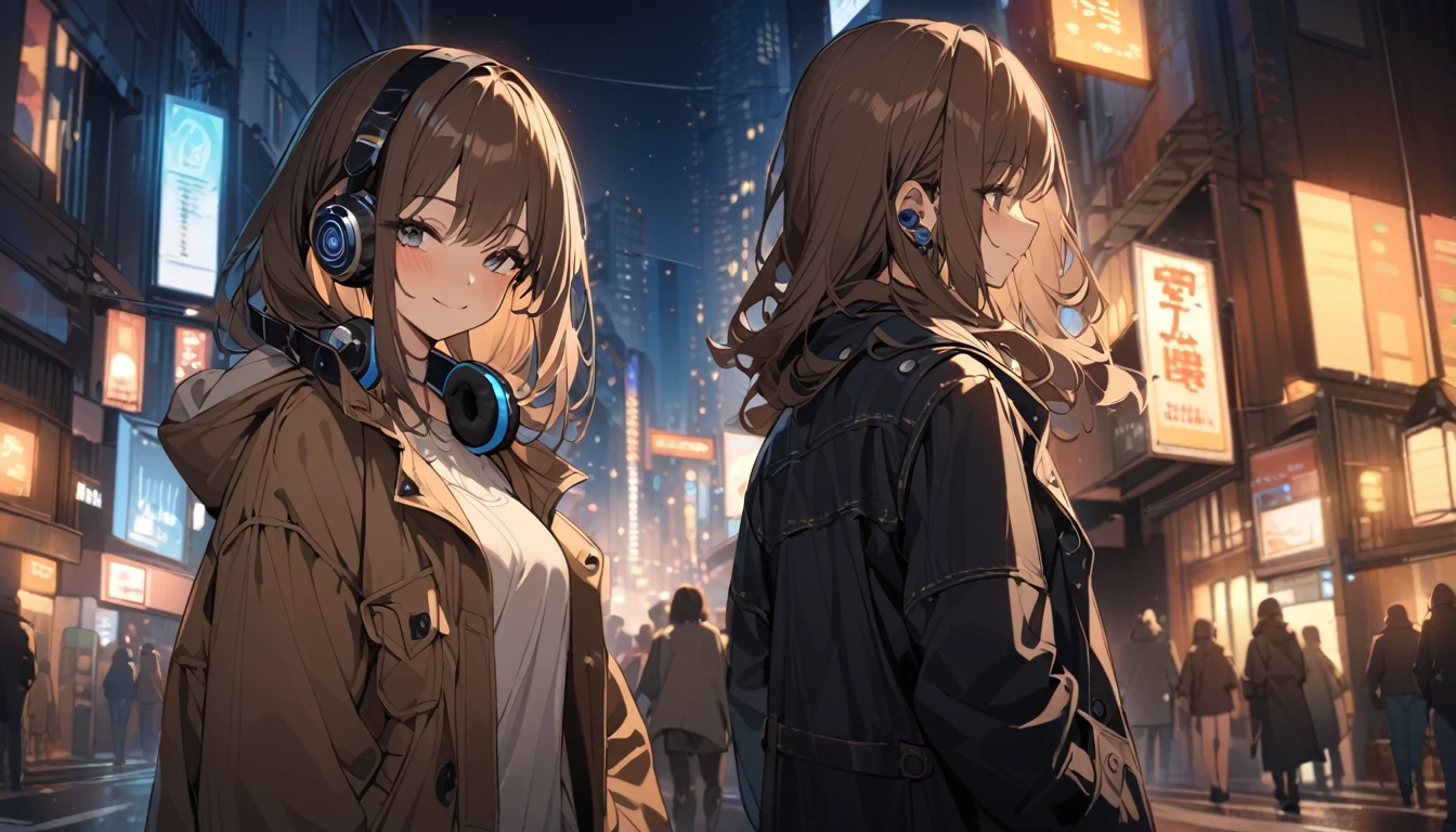 Brown-haired girl wearing headphones、Quiet city at night with street lights - Highly detailed、masterpiece, Highest quality, Bright - Street lights illuminate the road in the background、Gentle smile、Casual coat、Walking in the city at night

