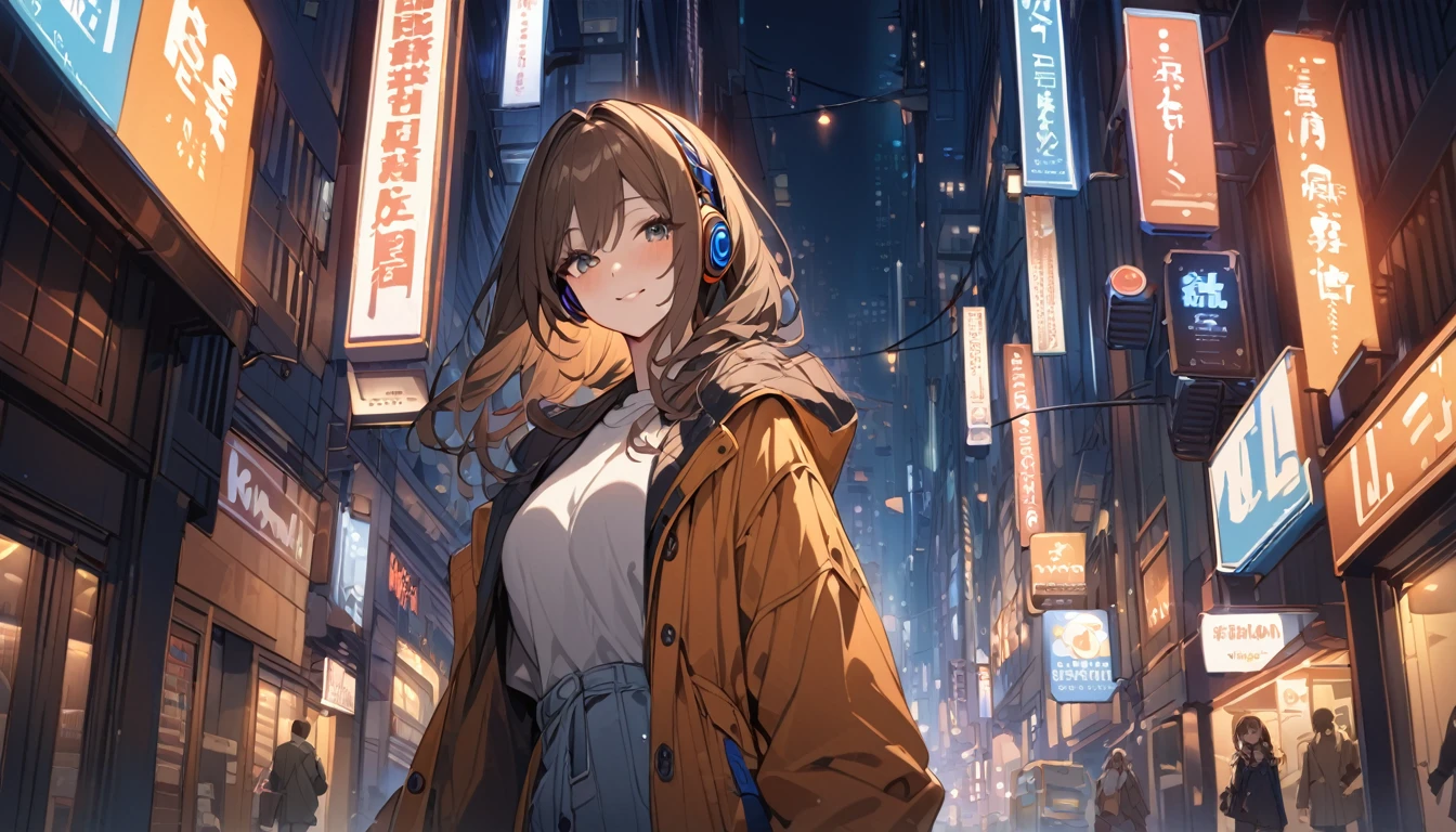 Brown-haired girl wearing headphones、Quiet city at night with street lights - Highly detailed、masterpiece, Highest quality, Bright - Street lights illuminate the road in the background、Gentle smile、Casual coat、Walking in the city at night
