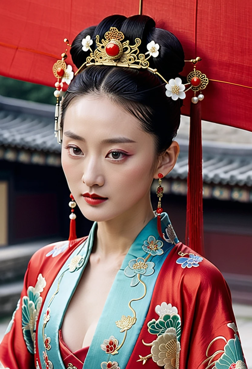 Chinese actress Ruyi Den's Jo Shun (Zhou Xun) similar face Qing Dynasty empress seen from front full body empress red costume open large chest hair deep cunt.
Nudity. Chinese drama.
Hair parted left and right from the center of the forehead with a large crown of a Chinese empress, tied back, hair tied up with ornamental hair, outside stone tatami of a Qing Dynasty Chinese palace.