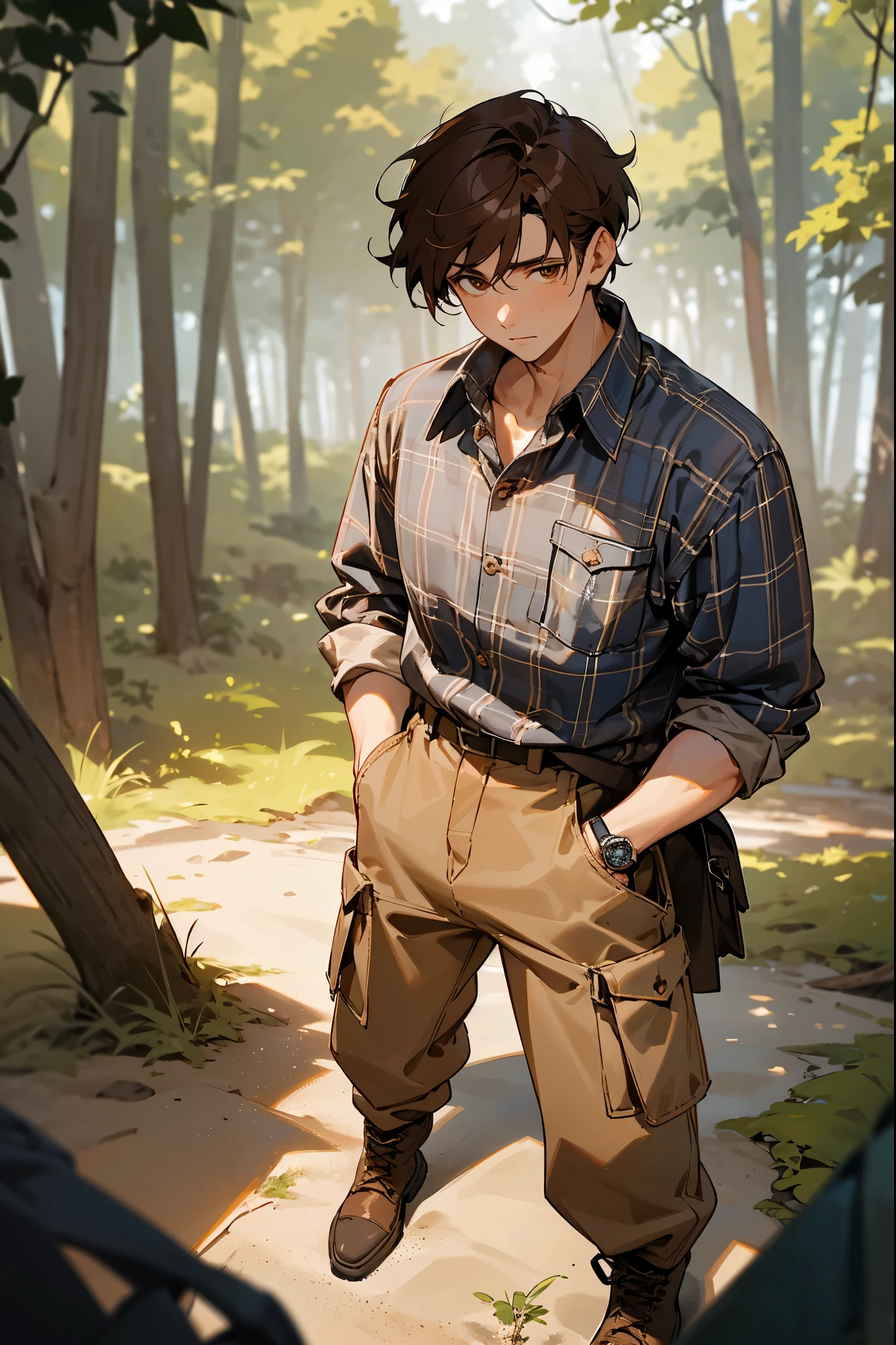 1male, dark chestnut brown hair, styled in a messy, relaxed cut, warm hazel eyes, casual expression, oversized navy blue flannel shirt with a subtle plaid pattern, baggy beige cargo pants, brown hiking boots, a simple leather watch, serene forest background with soft sunlight filtering through the trees, detailed face, hands to side, standing on path