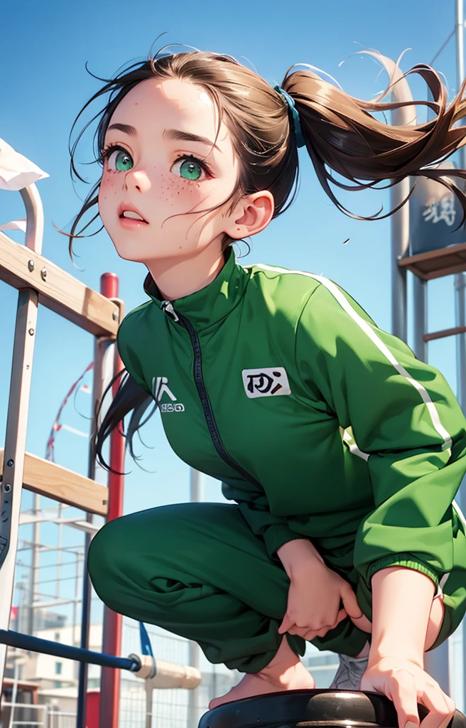 highest quality、realistic、Japanese、girl、zoom、look up、cute、green eyes、Pigtails、freckles、chestnut hair、all back、The forehead is out、playground、Gym suit、sprinting、Sweat、bust shot、slender、small 