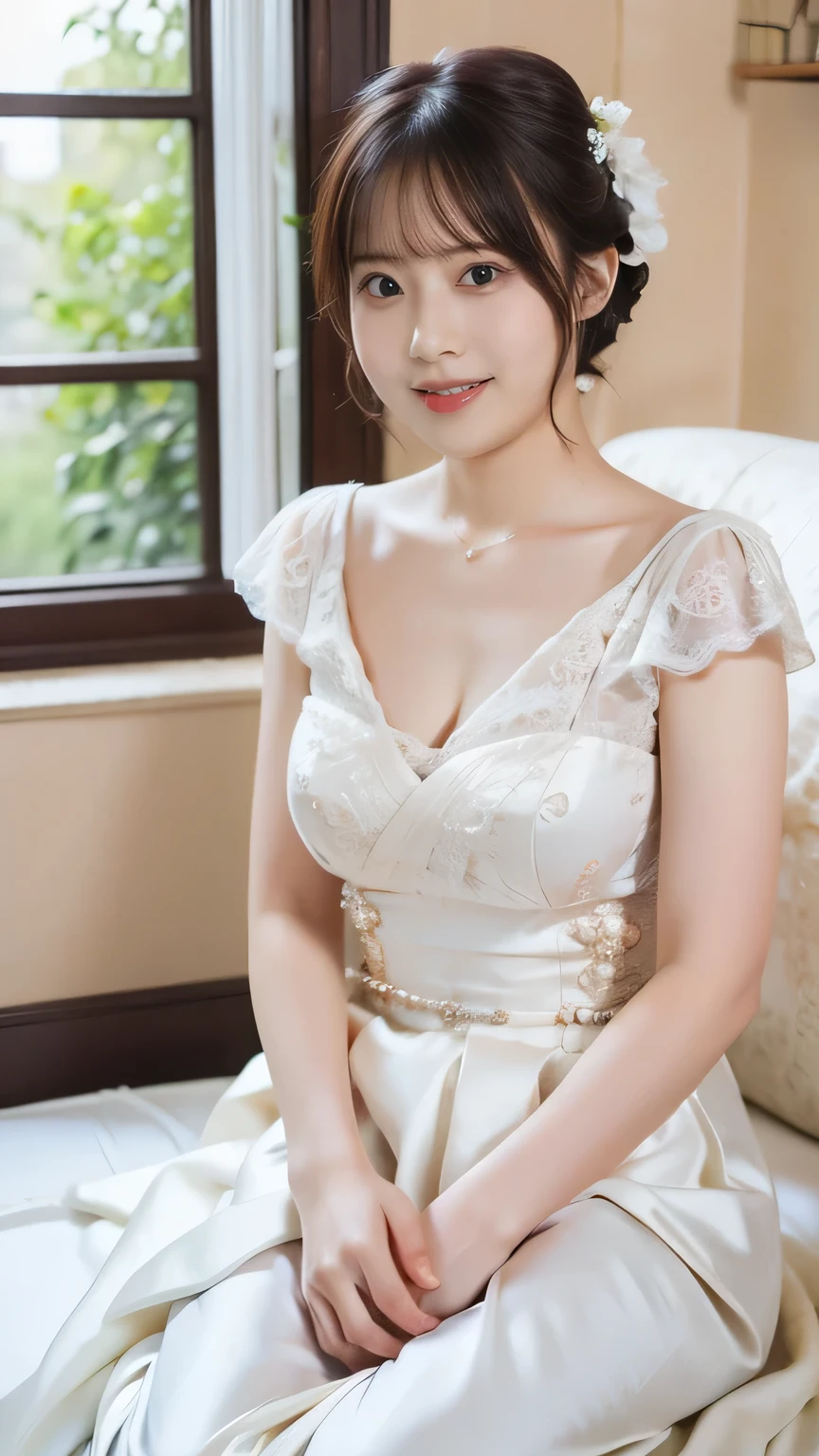 (8k、RAW Photos、Highest quality、masterpiece:1.2)、(Realistic、Realistic)、1 girl、((Wedding dress、Chapel、short hair、View from the front、smile、Look at the camera and smile、stand))、cute、Large Breasts