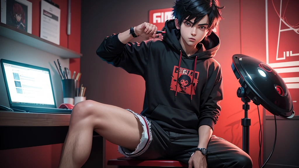 anime boy characterfqce to face sitting on a chair behind a table in studio his t-shirt color is red and wearing black hoddie with loads of futuristic gadgets , and character background like a detective house wall with murder board