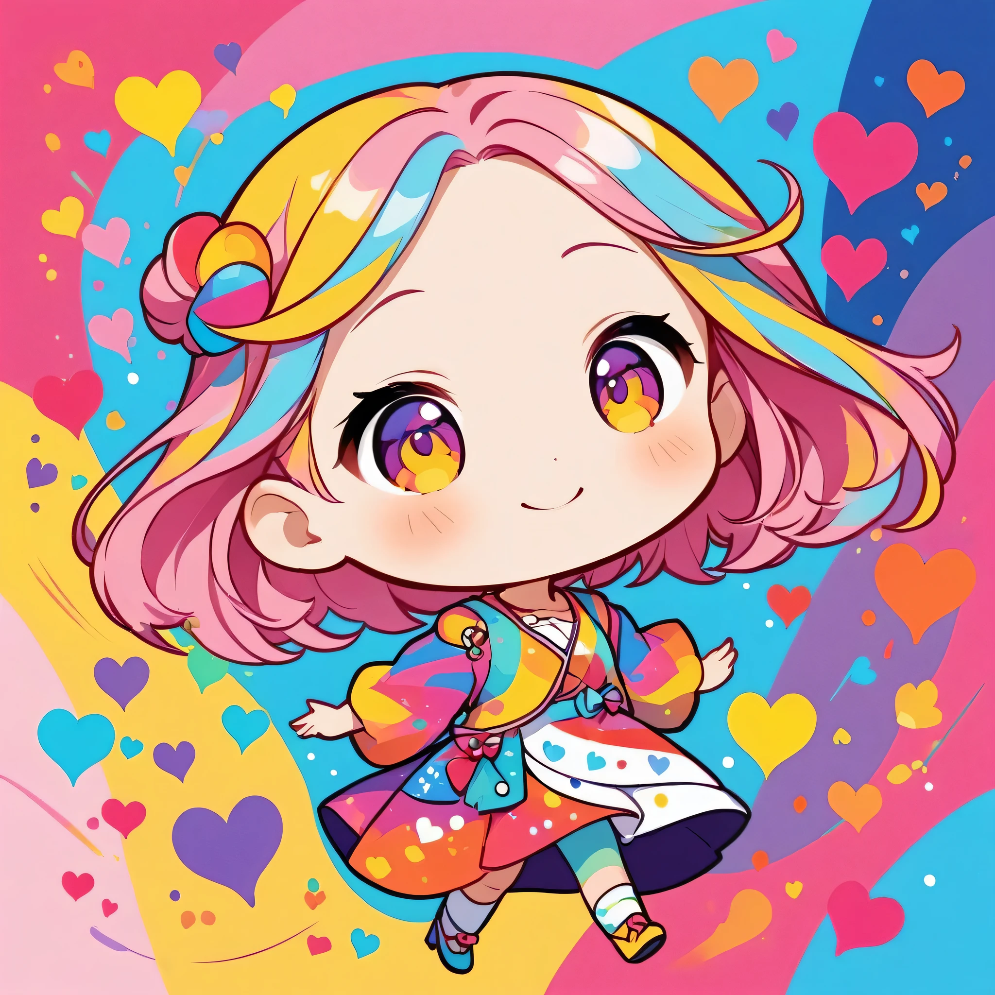 Momoko Sakura colorfull style, Simple Line Initialism,Abstract art,(((The most beautiful girl of all time))), (((chibi))), colorful hearts, funny design, (((happy))),