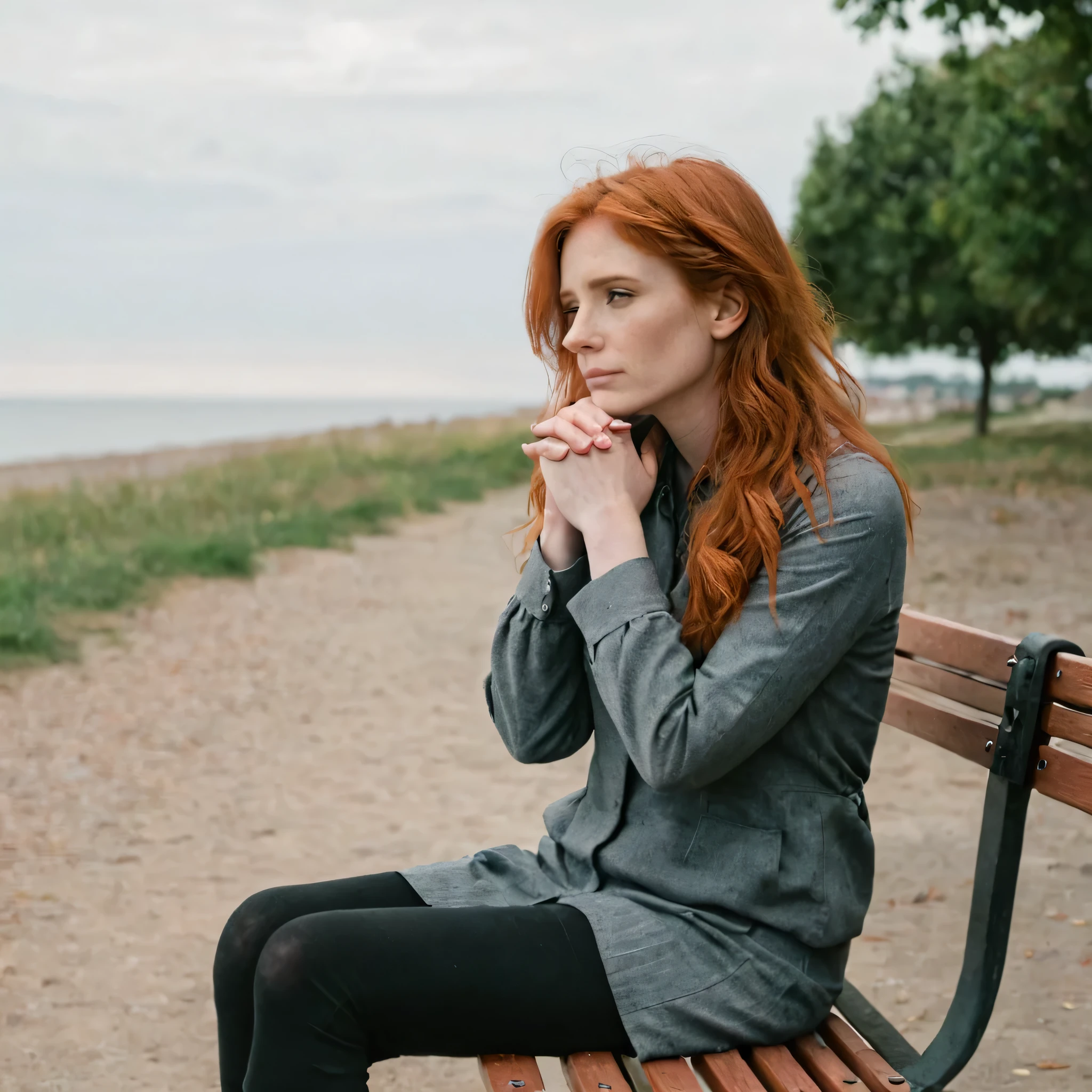 Red-haired woman sitting on a bench with her hands clasped looking at the horizon
