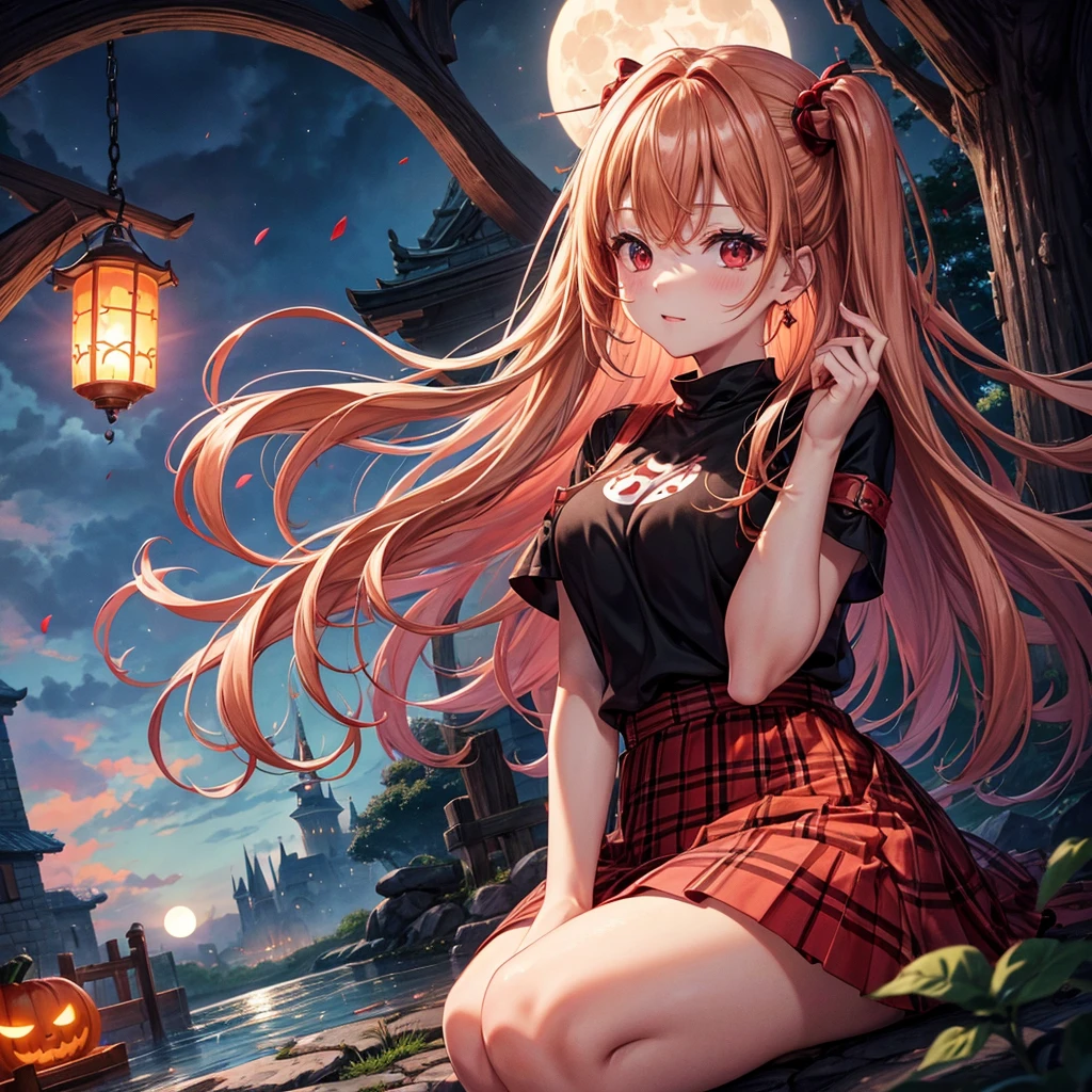 Red-blonde、Red eyes、One cute girl、solo、And soul、Light clothing、Checked mini skirt、petal、Wet hair、Sit on、black t-shirts、large tree、cloud、full moon、monster castle、Lantern in the shape of a pumpkin、Hell's Gate、Craft Gatekeeper、barefoot、Stones are piled up、Teeth are visible、Secret Treasure、Wooden chair、Moss grows、Fortress City、water is gushing out、Lightning strikes、Tilting face