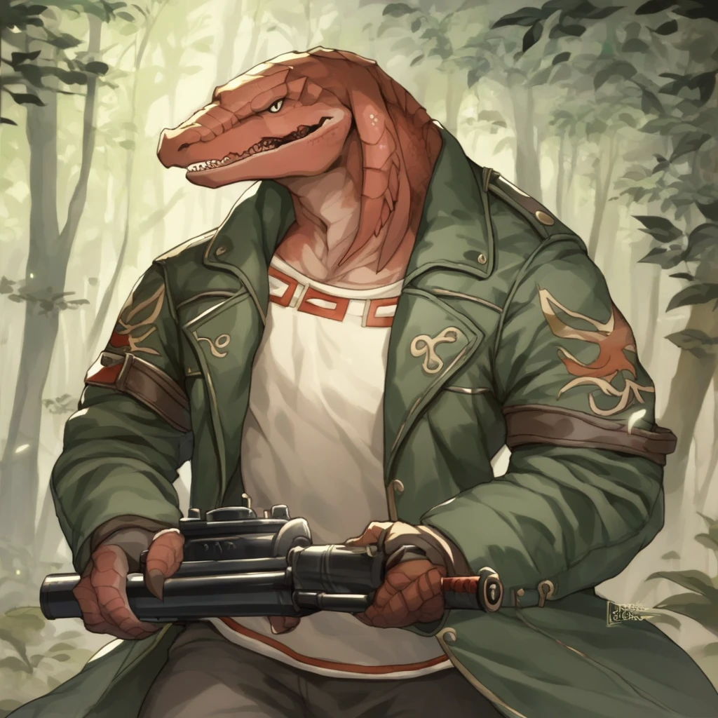 score_9, score_8_up, score_7_up, score_6_up, score_5_up, score_4_up, A solo muscular Bangaa gunner with red scaly skin and sharp teeth, dressed in green leather clothes wearing a dark brown leather coat above it all, is wielding a hand cannon. He is in a forest, looking warmly at the viewer. he's lending a hand on a welcoming matter.