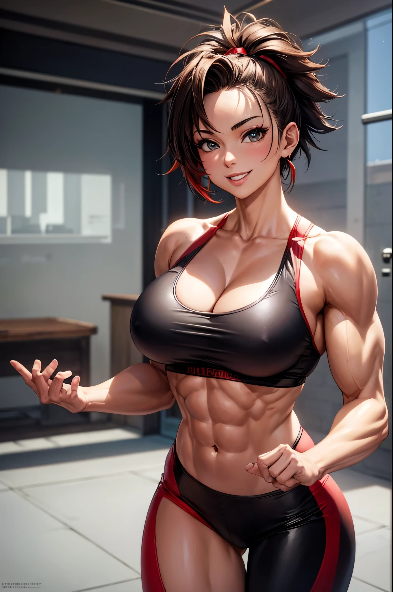 8k,Light brown mohawk hair,胸の大きなso beautifulなオランダ人の女性, Big and ample breasts,Big smile,so beautiful(Like the real thing)Black and red sporty outfit,Black and red sporty pants,　sexy,deviantart artstation cgscosiety, 3DレンダリングCharacter Art, Trending on Artstation 8k, Trending on artstation hd, Adventure Hyper Real Rendering, Perfect body with realistic shading, Photorealistic perfect body, Ultra-high resolution,Ultra-high resolution,Surreal,Fantasy art,Character Art,high quality,sexy,Strongly defined abdominal muscles,Muscular and slim body,Muscular and lean lower body,Rich colors, Backlight, Cinema Lighting, Film Grain, to be born, 50mm lens, Nikon D850,compensate,View your viewers,Lean and muscular lower body,Muscular Beauty,Bodybuilder,Makeup,Big smile,Uplifting,Top-down view,push ups,