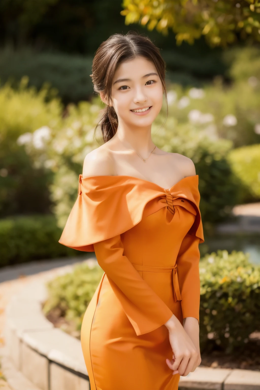 (masterpiece, Highest quality:1.2), (RAW Photos), (Beautiful 14yo Japanese Sweden girl), (shame smile:0.6), A stylish off-shoulder dress in kaki-iro (persimmon color), characterized by a warm and rich orange hue. The dress has a fitted bodice that elegantly hugs the figure, with an off-shoulder neckline that gracefully exposes the shoulders and collarbone.
