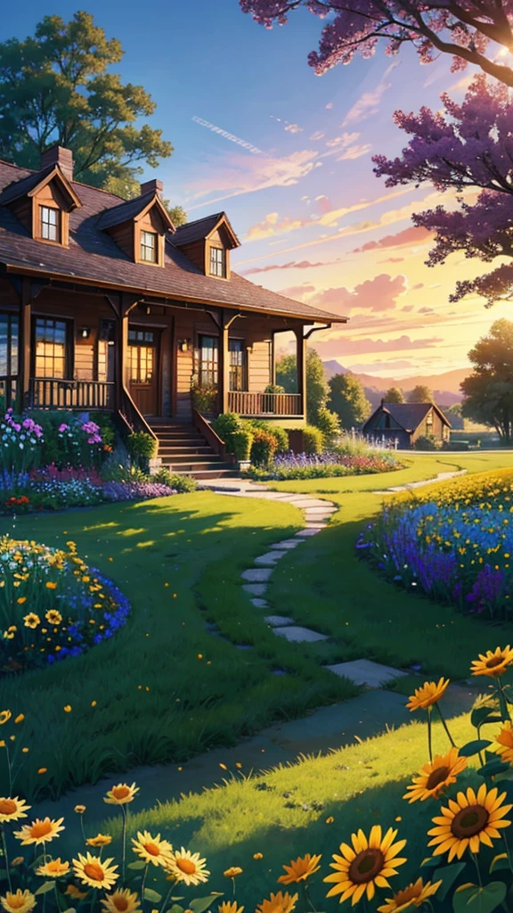 

Create a stunning, serene digital artwork of a cozy countryside home bathed in the golden light of the setting sun. The house, a charming two-story with a welcoming porch, is nestled among a vibrant, sprawling garden. The garden is a riot of colors, filled with daisies, sunflowers, and various wildflowers that sway gently in the breeze.Add five colourful butterflies 

In the foreground of the scene, the lush green grass, surrounded by blooming flowers. He appears lost in thought, gazing dreamily at the house, perhaps imagining the stories and adventures that could unfold in such a beautiful place.

The sky is a canvas of warm hues, with streaks of pink, orange, and purple as the sun sets, casting a soft glow over the entire scene. The atmosphere is peaceful and idyllic, evoking a sense of nostalgia and longing for a simpler, more magical time.
