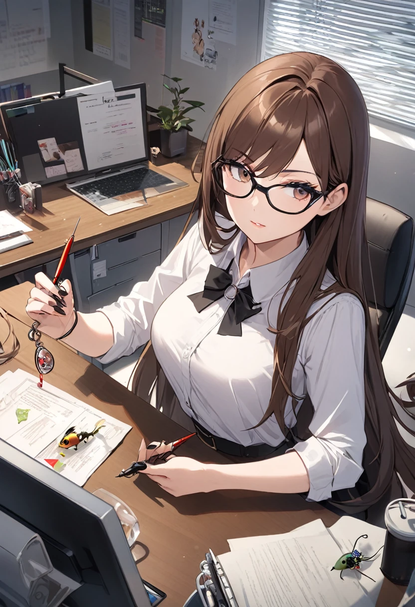 woman,cool,OL,Beauty,Long Hair,Brown Hair,Charm,lure,Working,Sharp,Black-rimmed glasses,nail,office