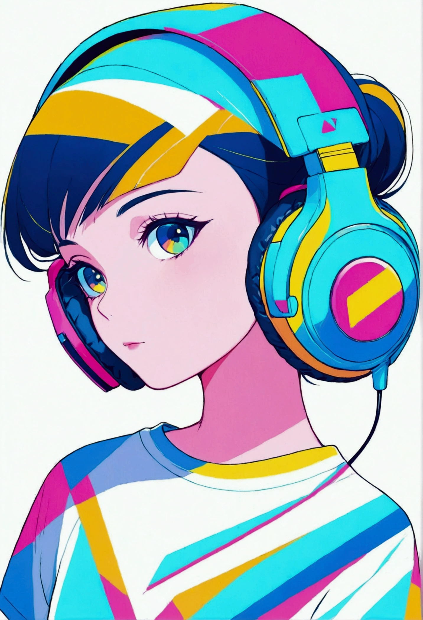 Vibrant and modern 2D flat vector art illustration featuring a sleek, minimalist headphones design with clean lines and geometric shapes, with a focus on a professional graphic design aesthetic, ideal for a colorful t-shirt design, employing a bold and playful color palette with pastel hues, white background,