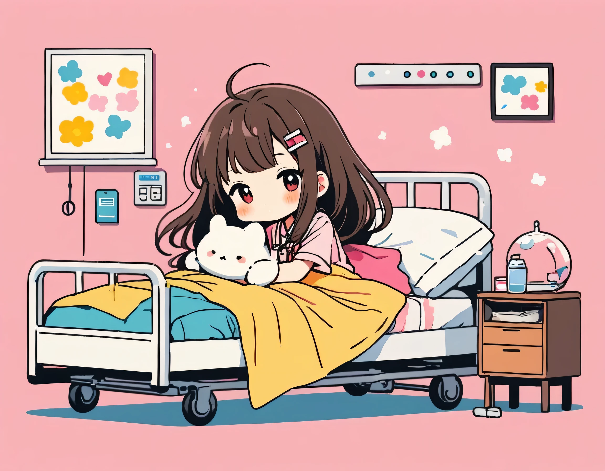 Momoko Sakura colorful style, Simple Line Initialism，Abstract art，Kawaii Design, The most beautiful girl of all time、chibi, (((nap))), hospital bed